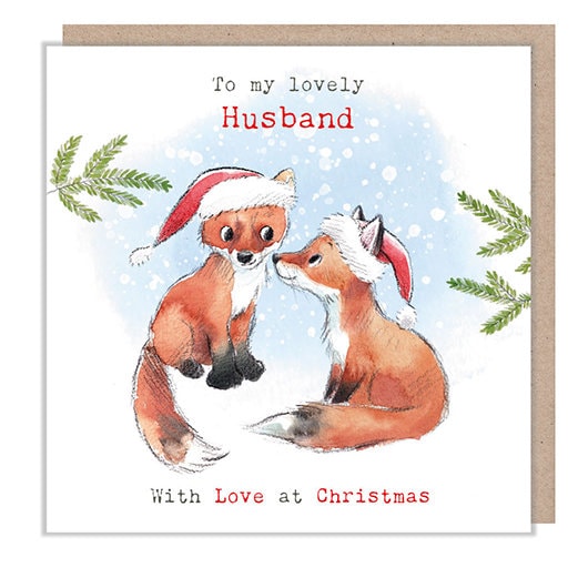 Husband - Quality Christmas Card - 150 x 150mm - Charming Fox illustration - 'Bucklebury Wood'  range - Made in UK -  BWX027