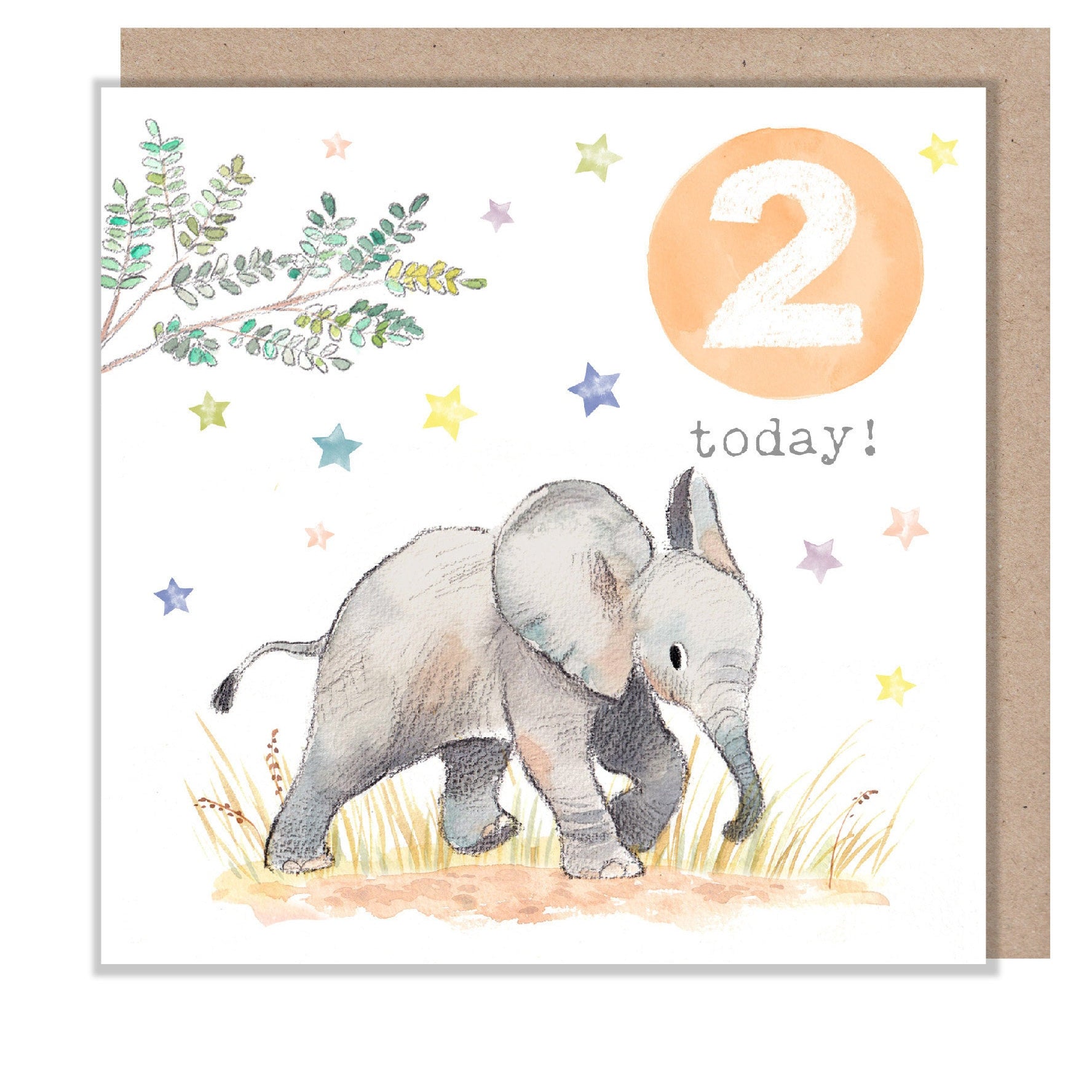 AGE 2 Birthday Card -  Charming illustration - Elephant- 'Party Time'  range - Made in UK -  PTAGE02