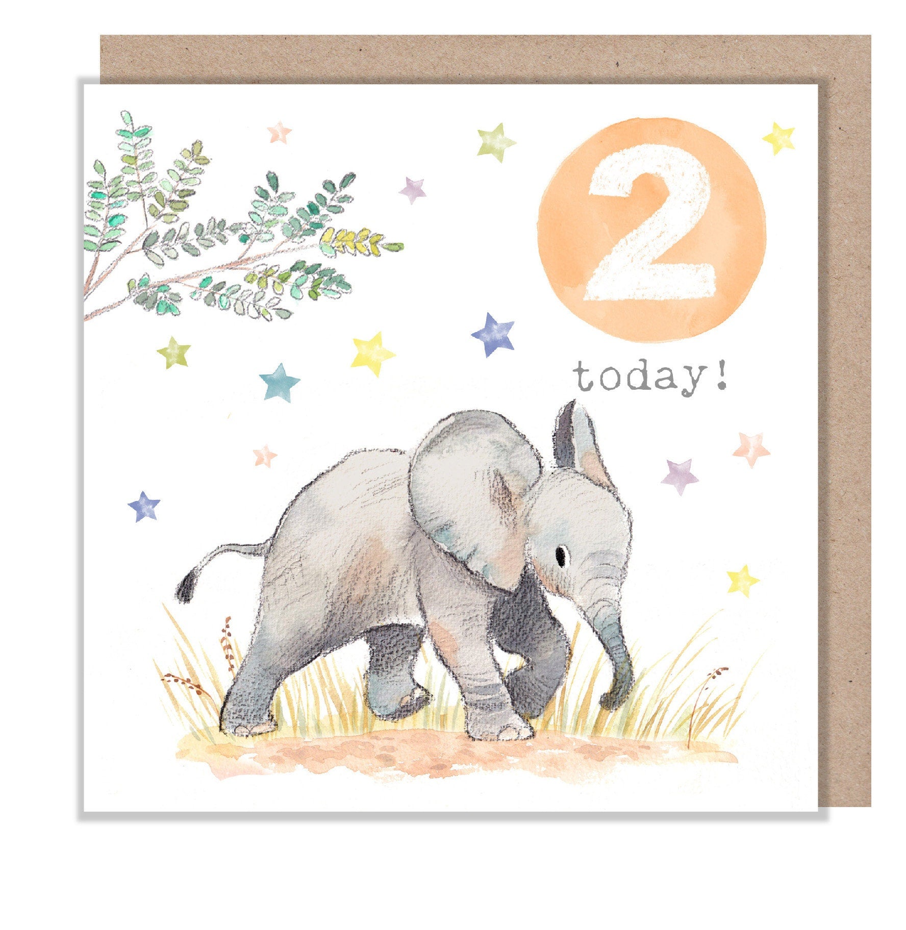 AGE 2 Birthday Card -  Charming illustration - Elephant- 'Party Time'  range - Made in UK -  PTAGE02
