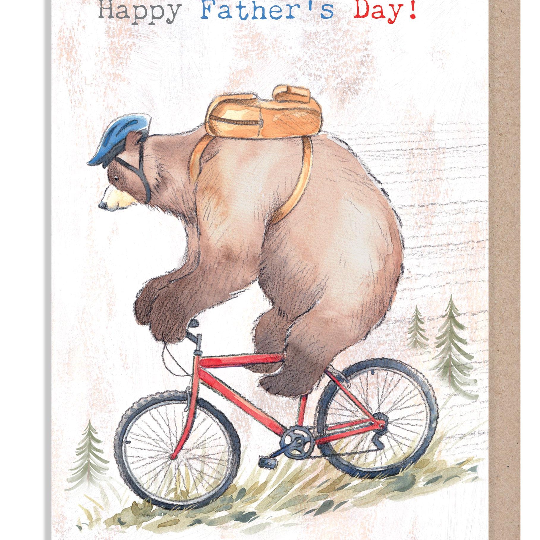 Fathers Day Card, Quality Greeting Card, Bear riding Bike 'Hey Bear' range, Fun hand drawn Illustrations, made in UK, HBFD03