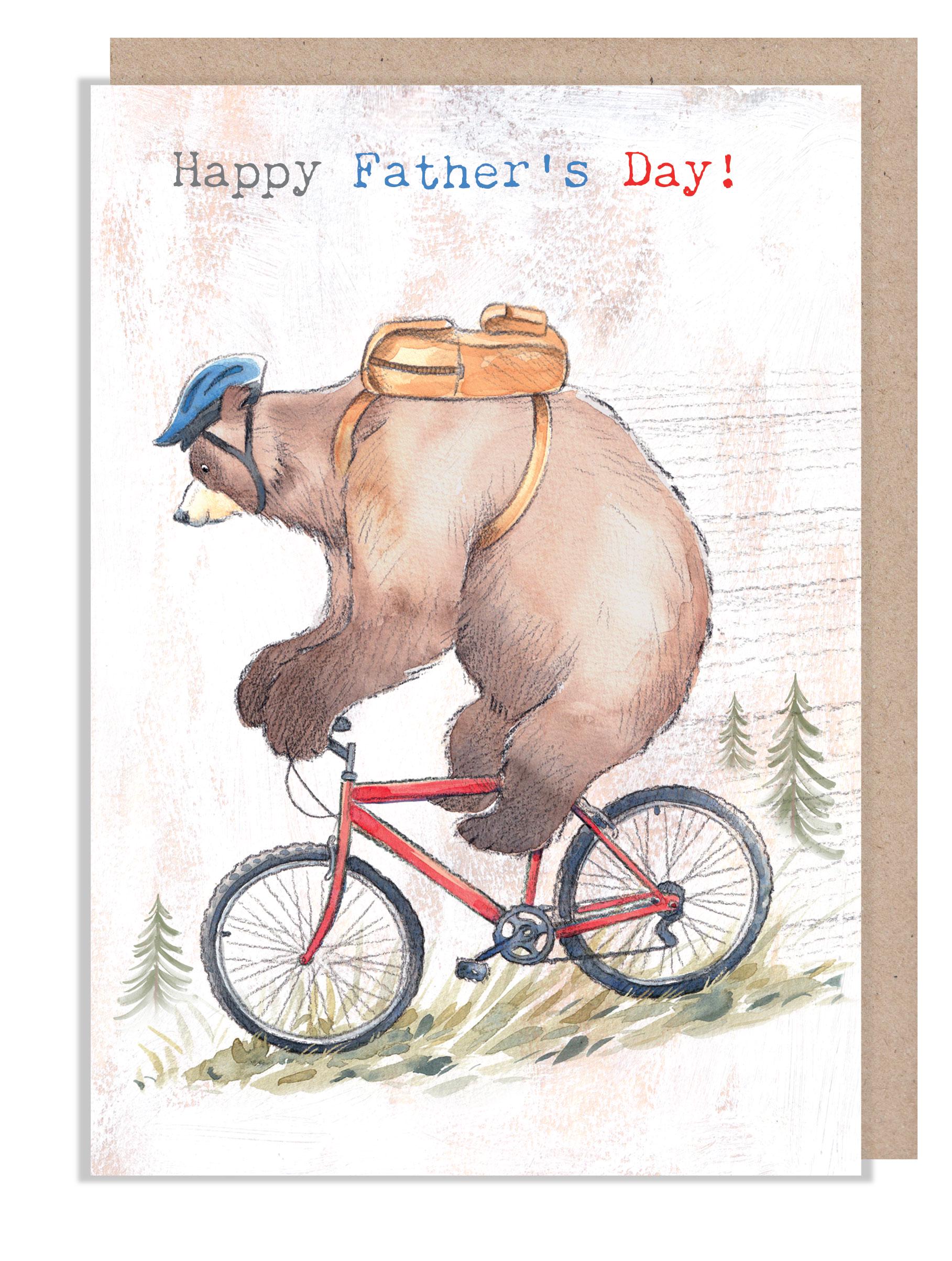 Fathers Day Card, Quality Greeting Card, Bear riding Bike 'Hey Bear' range, Fun hand drawn Illustrations, made in UK, HBFD03
