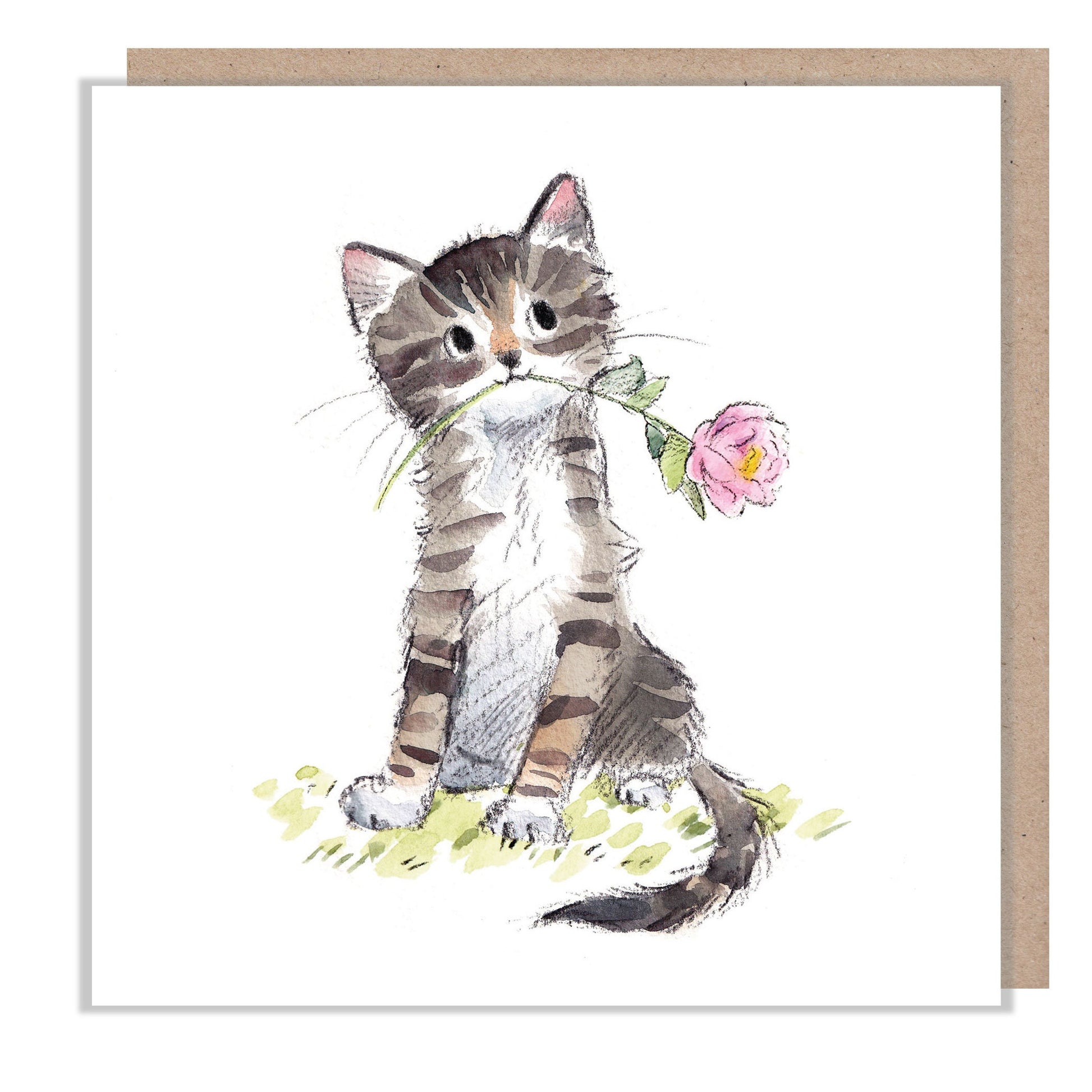 Cat Card: Charming Floral Illustration, Blank Greeting Card