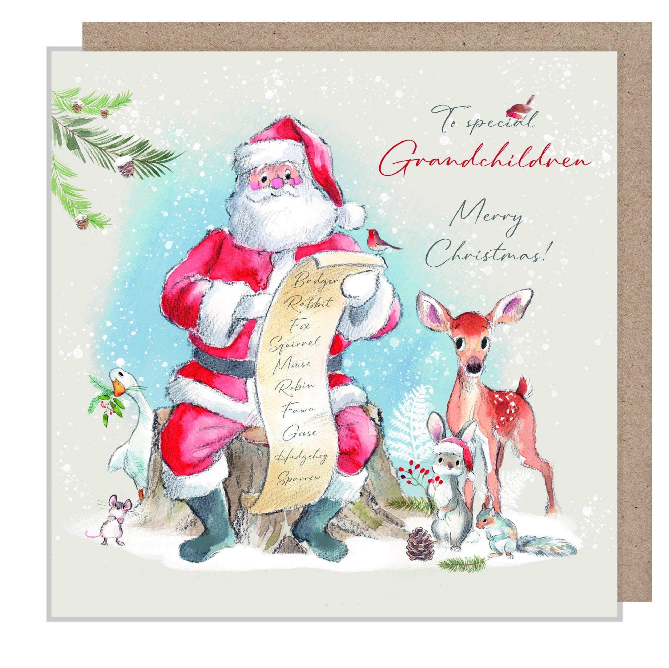 To Special Grandchildren - Christmas Card -150 x 150mm - Santa's List - 'Wintery Tails'  range - Made in UK - WT010