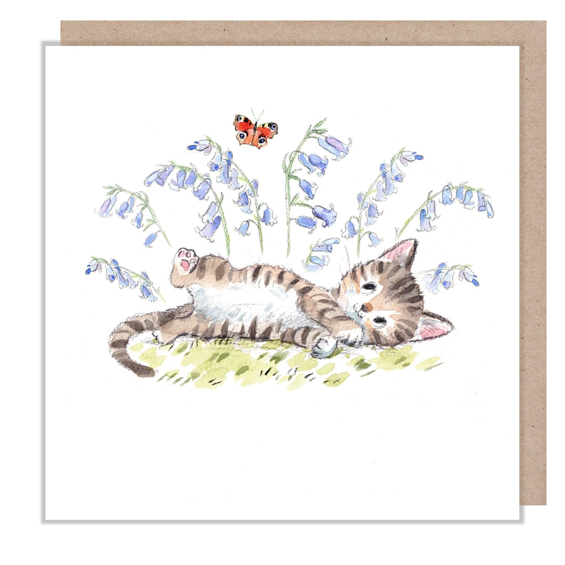 Blank Card - Quality Greeting Card - Charming illustration - 'Pawsitively Purrect' range - Cat with Bluebells- Made in UK-EPP023