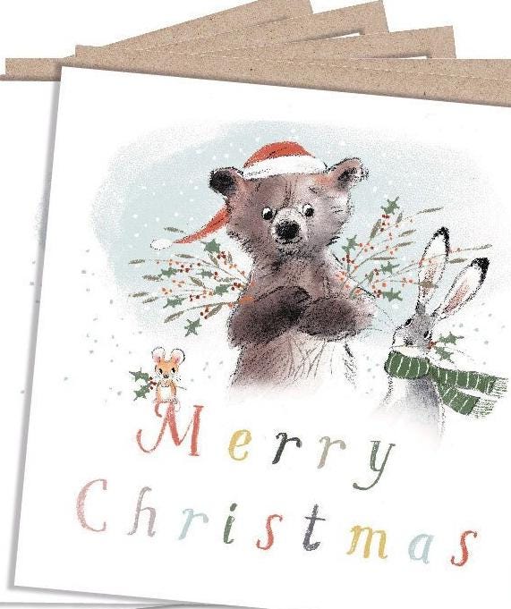Christmas Card pack - 5 small quality cards with brown recycled envelopes -125 x 125mm-  one design - Bear, Hare and Mouse -  XPACK04