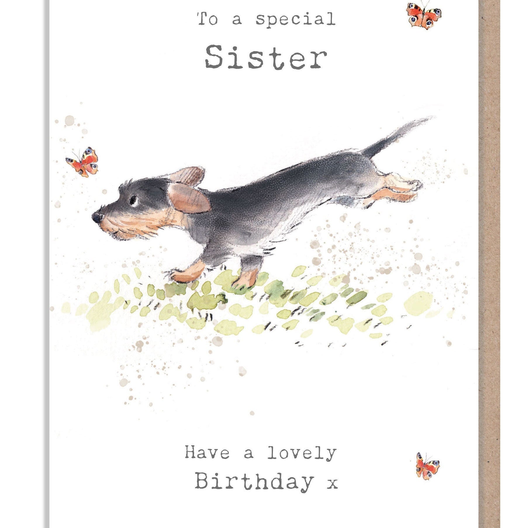 Sister Birthday Card - Running Sausage Dog with Butterflies Illustration ABE073