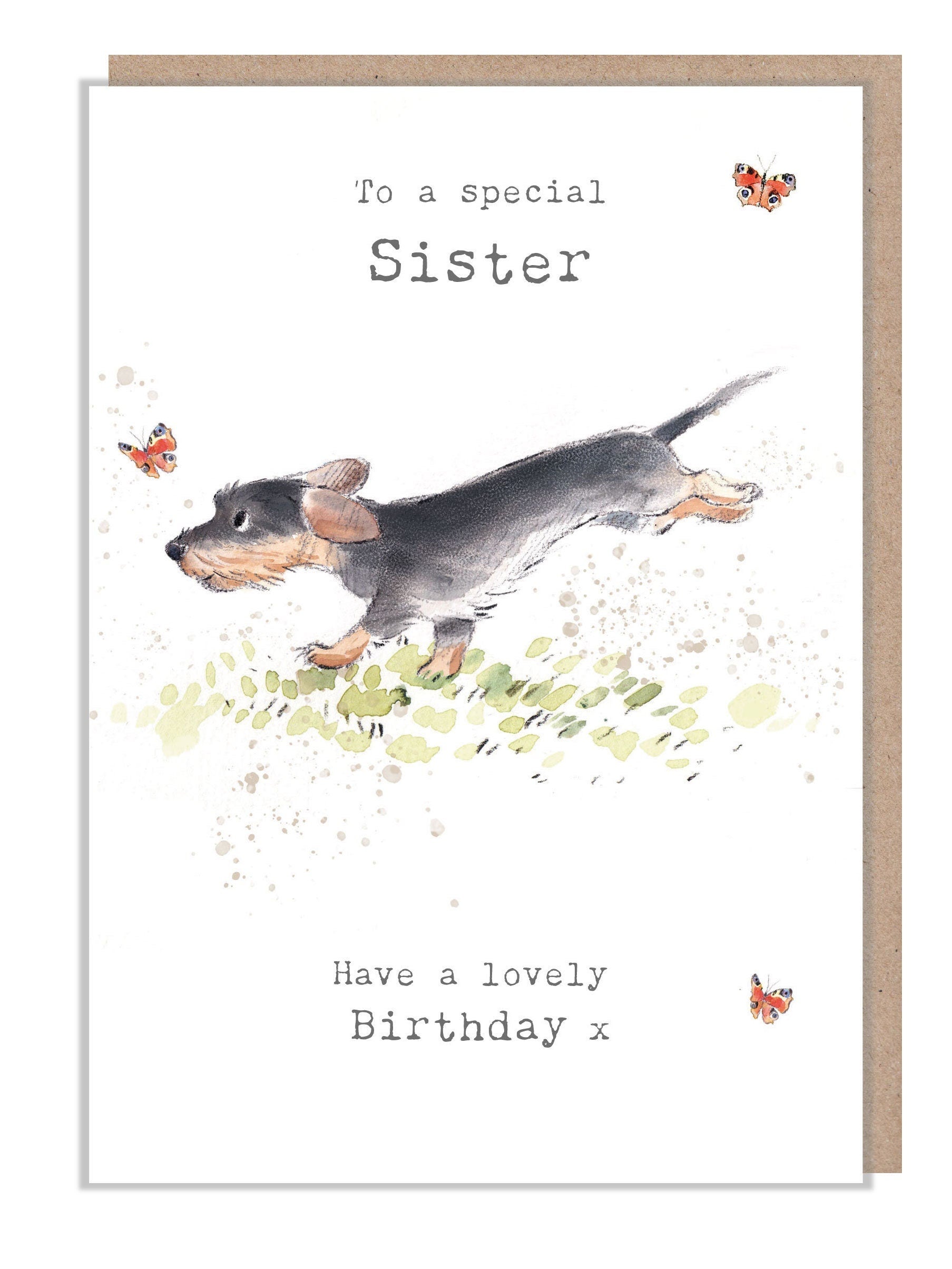 Sister Birthday Card - Running Sausage Dog with Butterflies Illustration ABE073