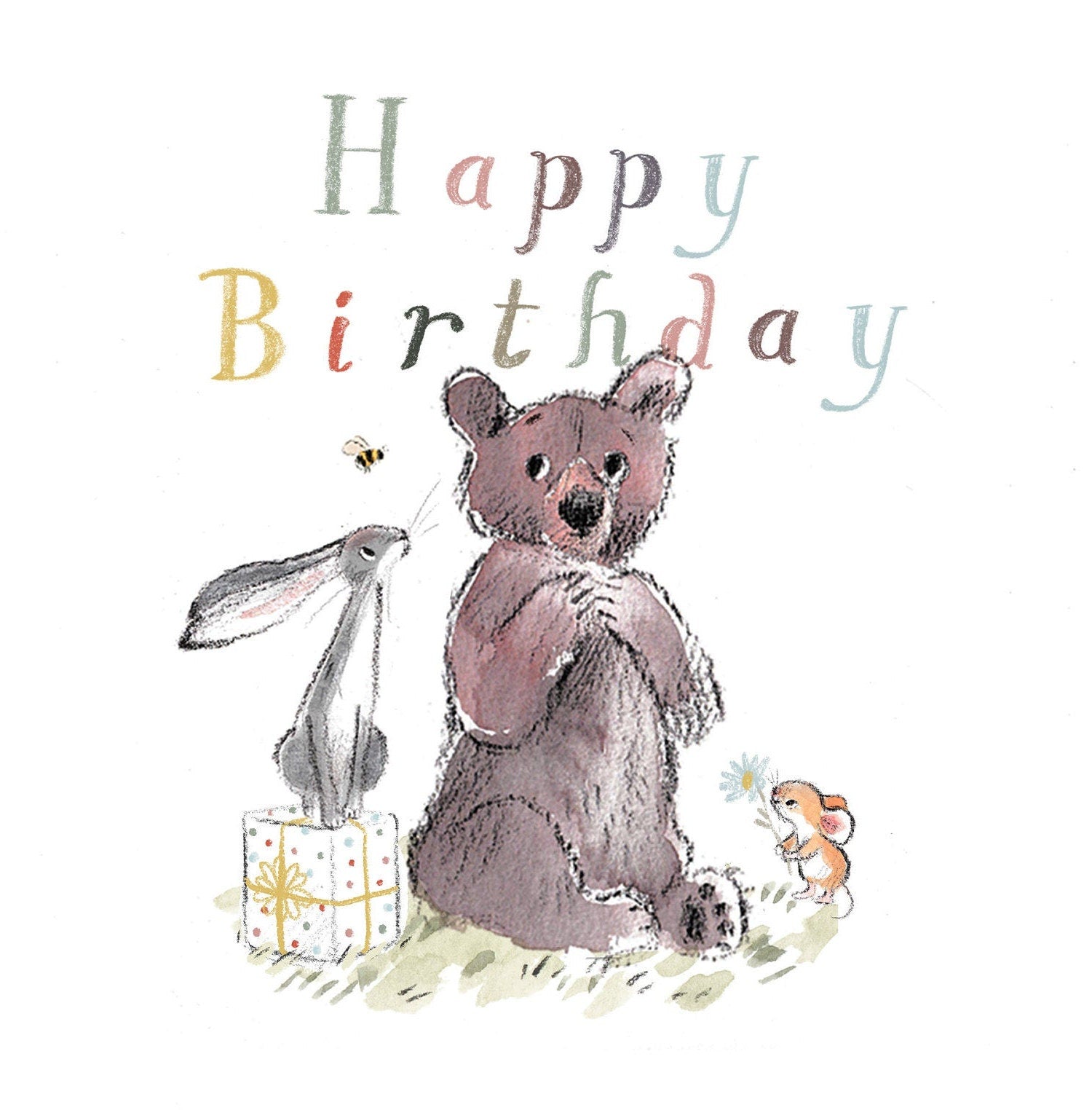 Happy Birthday, Quality Greeting Card, 'the Bear, the Hare, and the Mouse' , heart warming Illustrations, made in UK, no plastic, BHME03