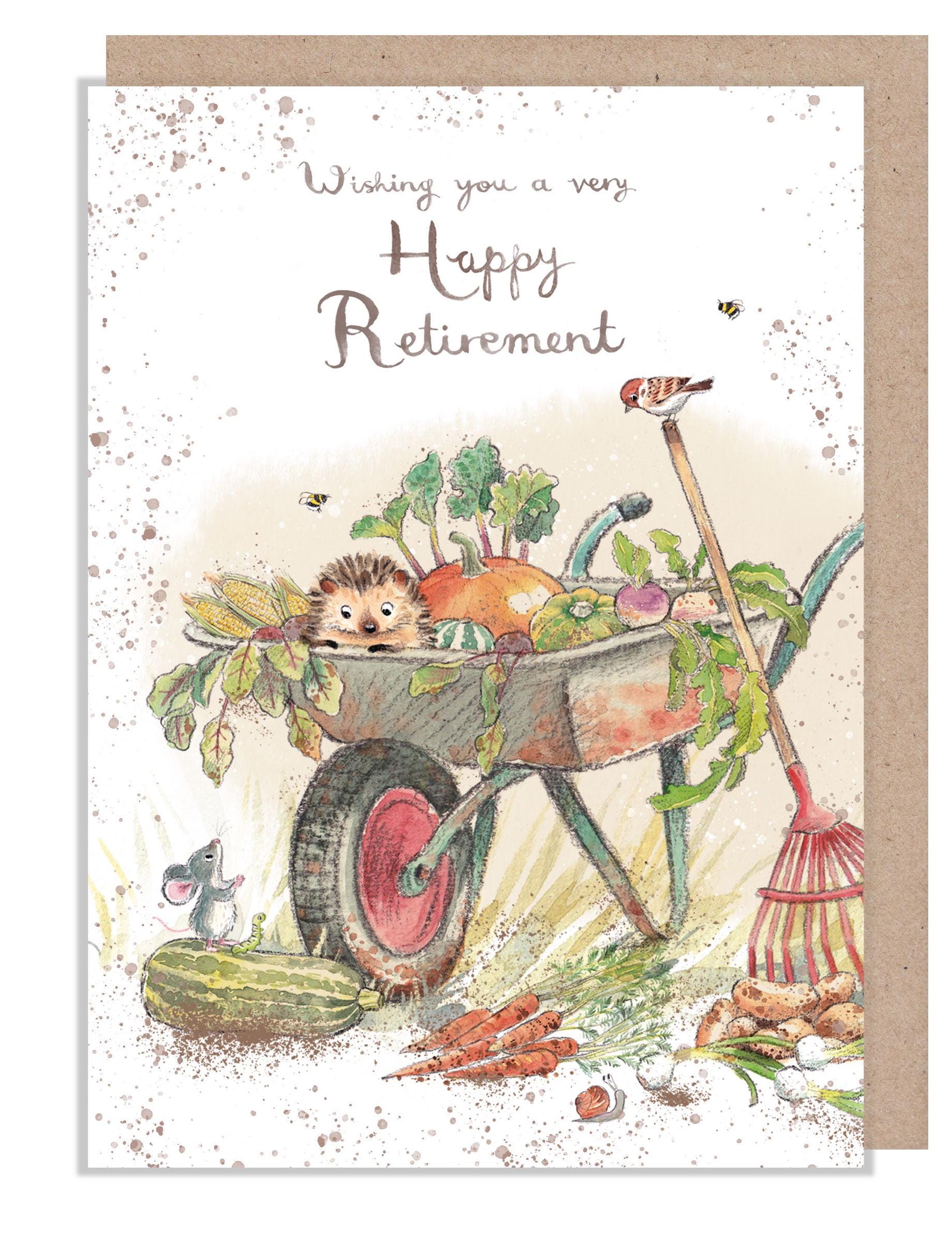 Happy Retirement Card - Quality Card - Charming illustration - Hedgehog in Wheel Barrow - 'Morris and Maude' range - Made in UK -  MME021