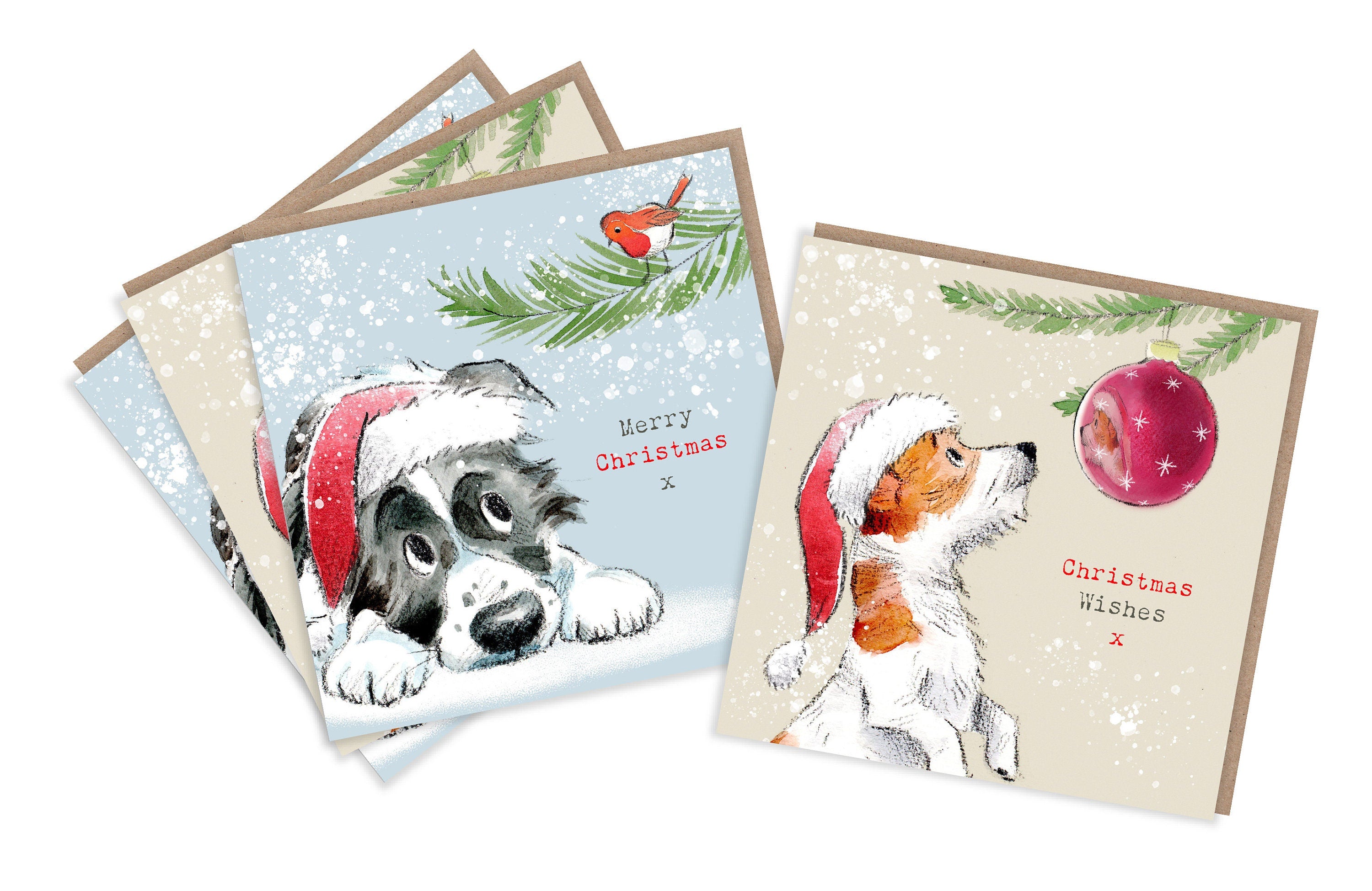 4  Quality Christmas Cards  - 2 design - 4 cards  - Charming Dog illustrations - Border Collie  and Jack Russell designs - made in England