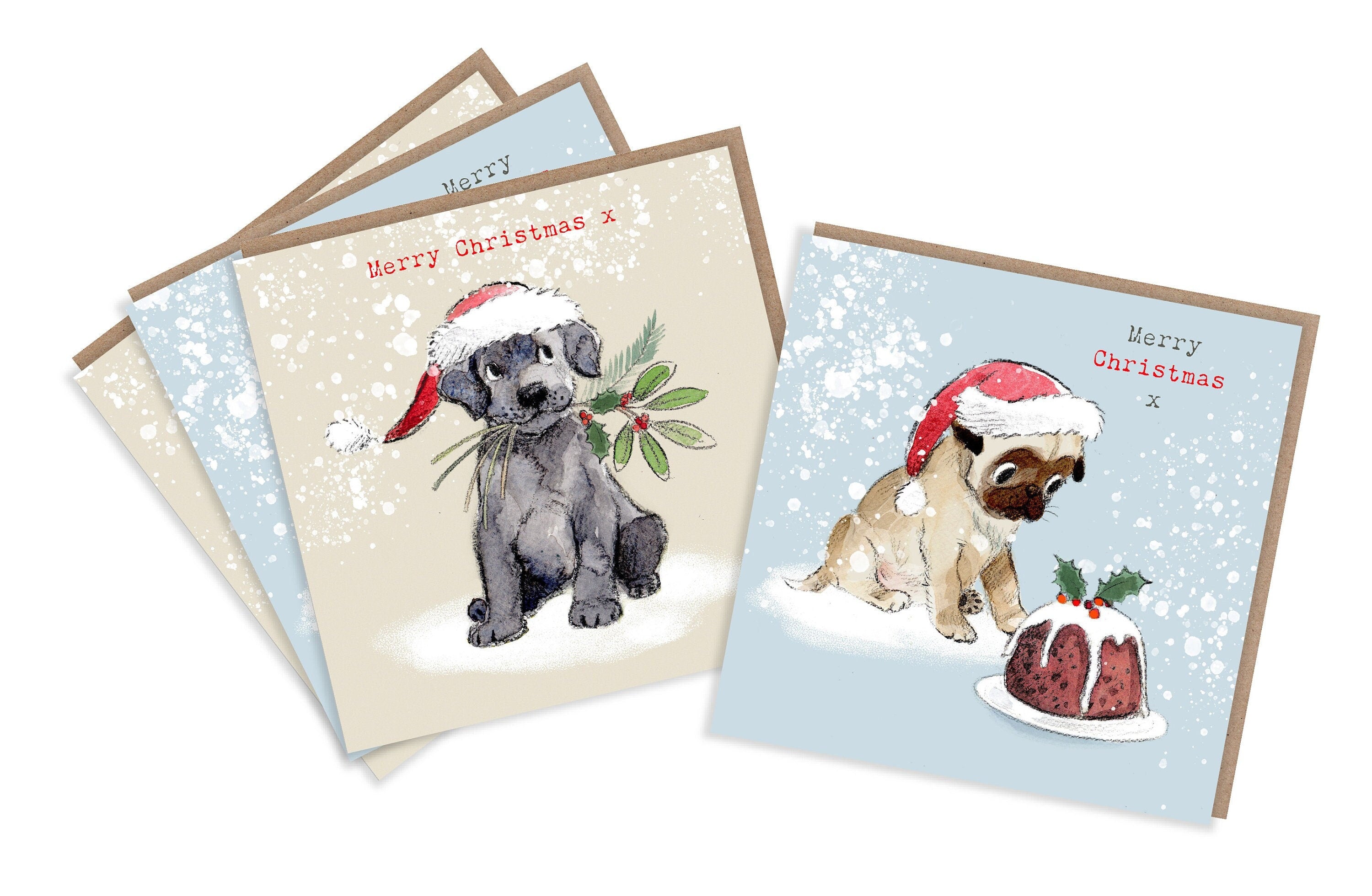 Quality Christmas Card Pack - 2 designs - 4 cards - 150 x 150 mm- Charming Pug and Black Labrador Illustrations - made in UK - No plastic