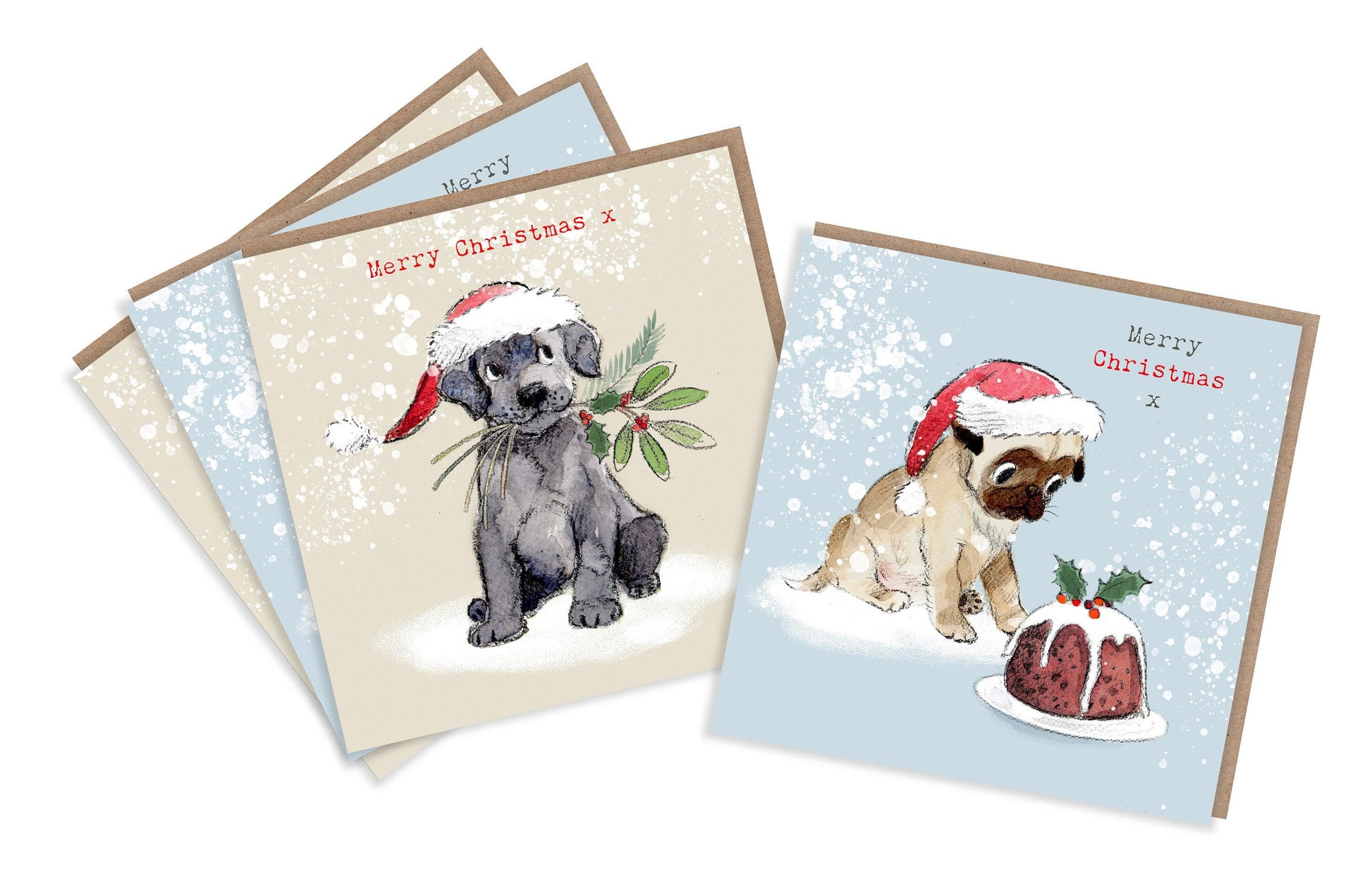 Quality Christmas Card Pack - 2 designs - 4 cards - 150 x 150 mm- Charming Pug and Black Labrador Illustrations - made in UK - No plastic