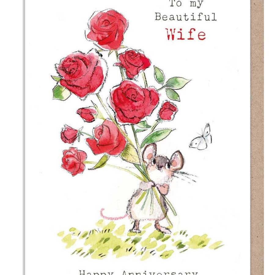 Wife Anniversary |Card,  Cute Mouse with flowers Illustration BWE036
