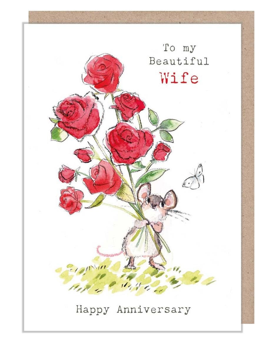 Wife Anniversary |Card,  Cute Mouse with flowers Illustration BWE036