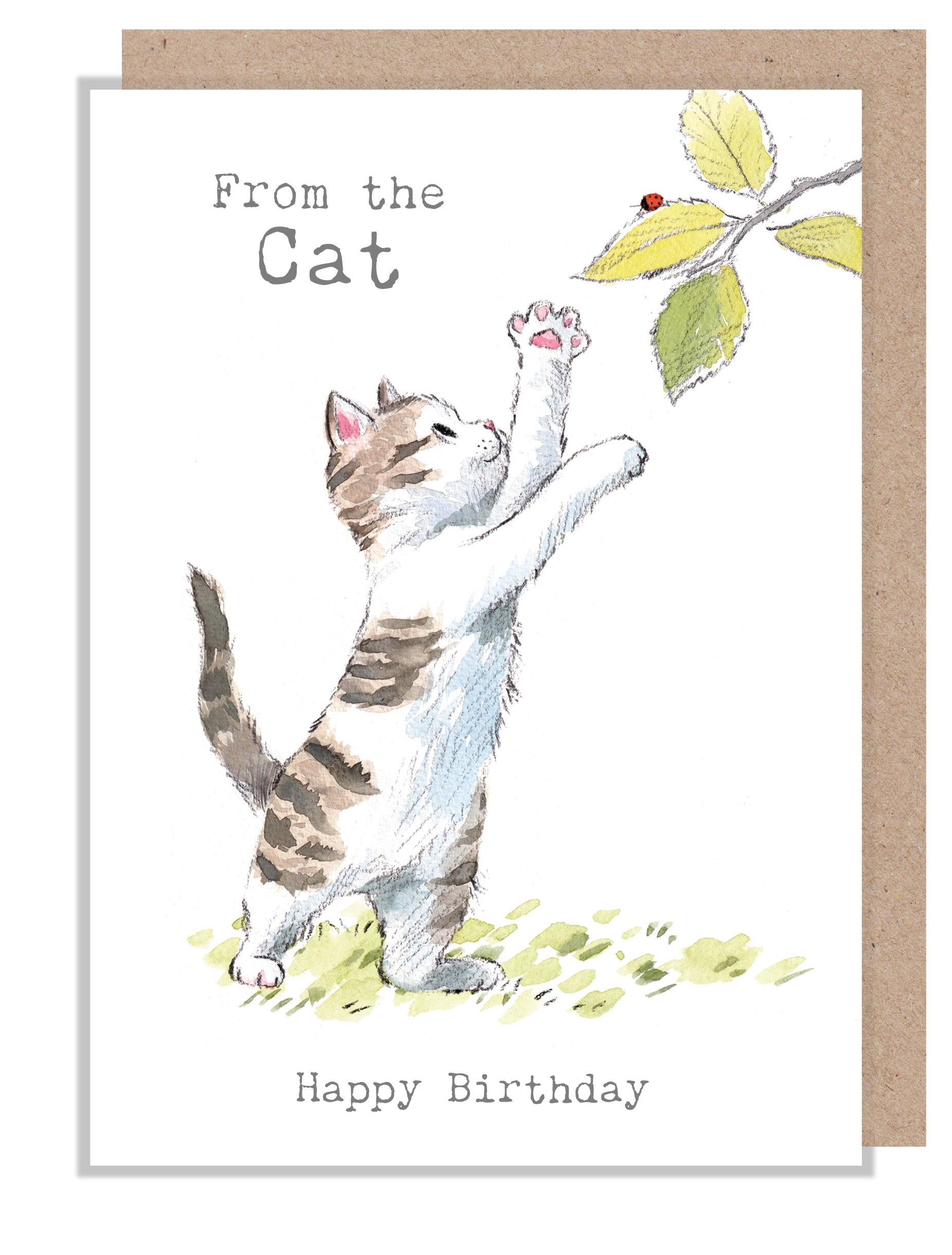 From the Cat Birthday Card - Charming illustration - 'pawsitively Purrrfect' range - Cat with leaves - Made in UK- EPP031