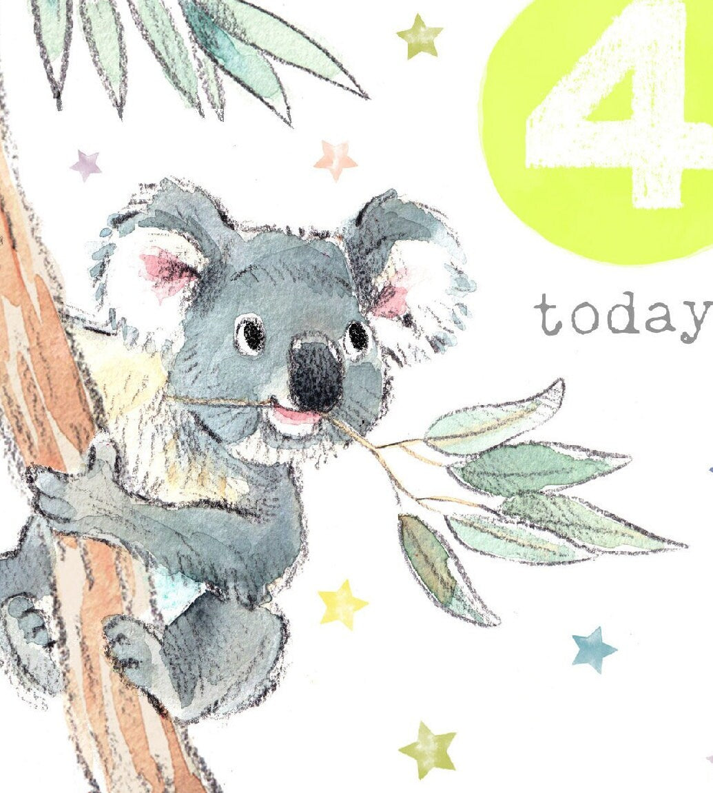 AGE 4 Birthday Card -  Charming illustration - Koala,  'Party Time'  range - Made in UK -  PTAGE04