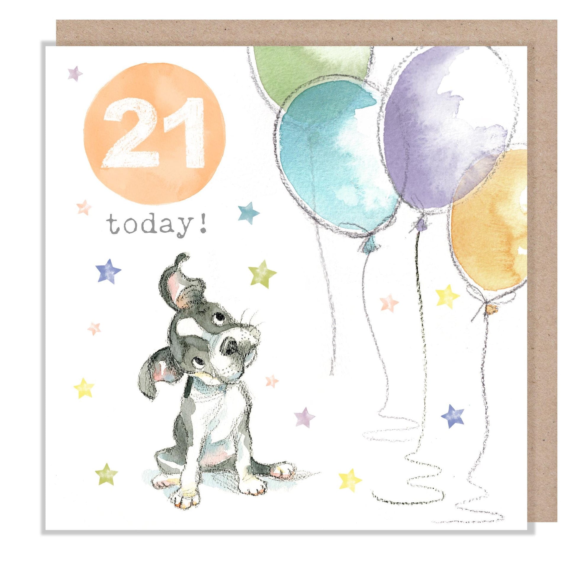 Age Card - 21st Birthday - Puppy with Balloons Illustration PTAGE021