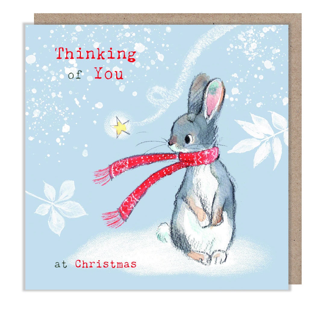 Thinking of You - Quality Christmas Card -  150 x 150mm - Charming Rabbit illustration - 'Bucklebury wood' range- Made in UK -  BWX020