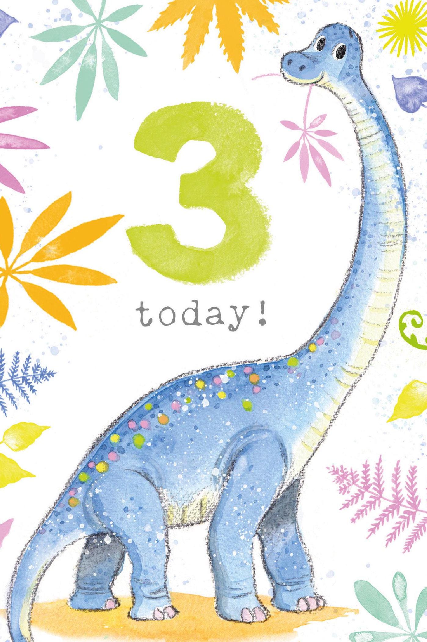 Kids Birthday Card - Age 3 - 'Totally Roarsome' range - Cute Dinosaur illustration - Diplodocus - TR03