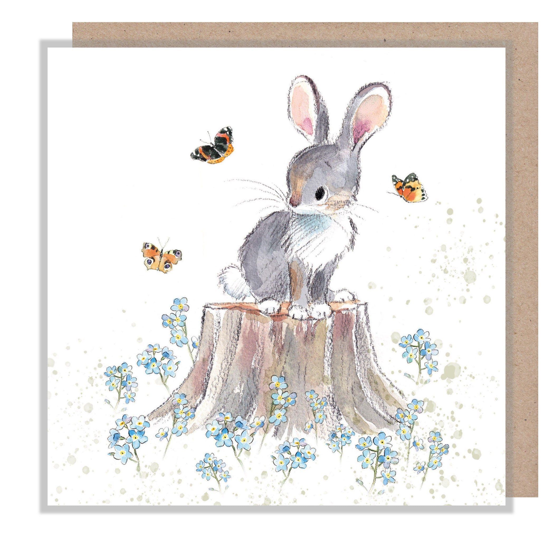 Rabbit Card - Blank - Charming illustration - Rabbit with Butterflies and forget me knots - 'Bucklebury Wood'  range - Made in UK -  BWE018