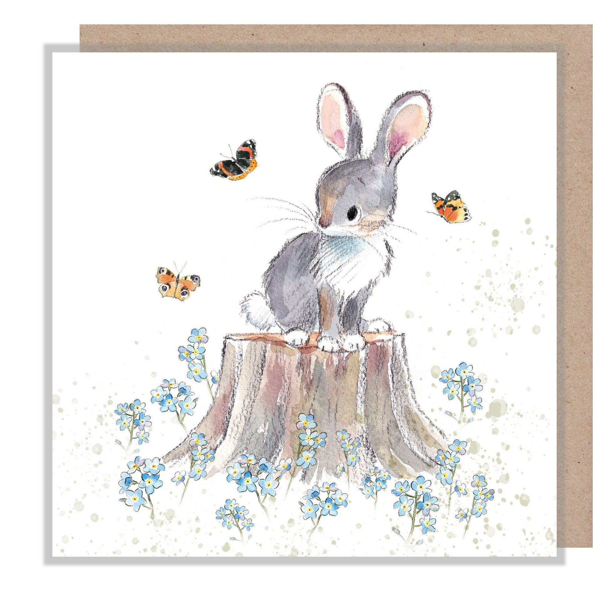 Rabbit Card - Blank - Charming illustration - Rabbit with Butterflies and forget me knots - 'Bucklebury Wood'  range - Made in UK -  BWE018
