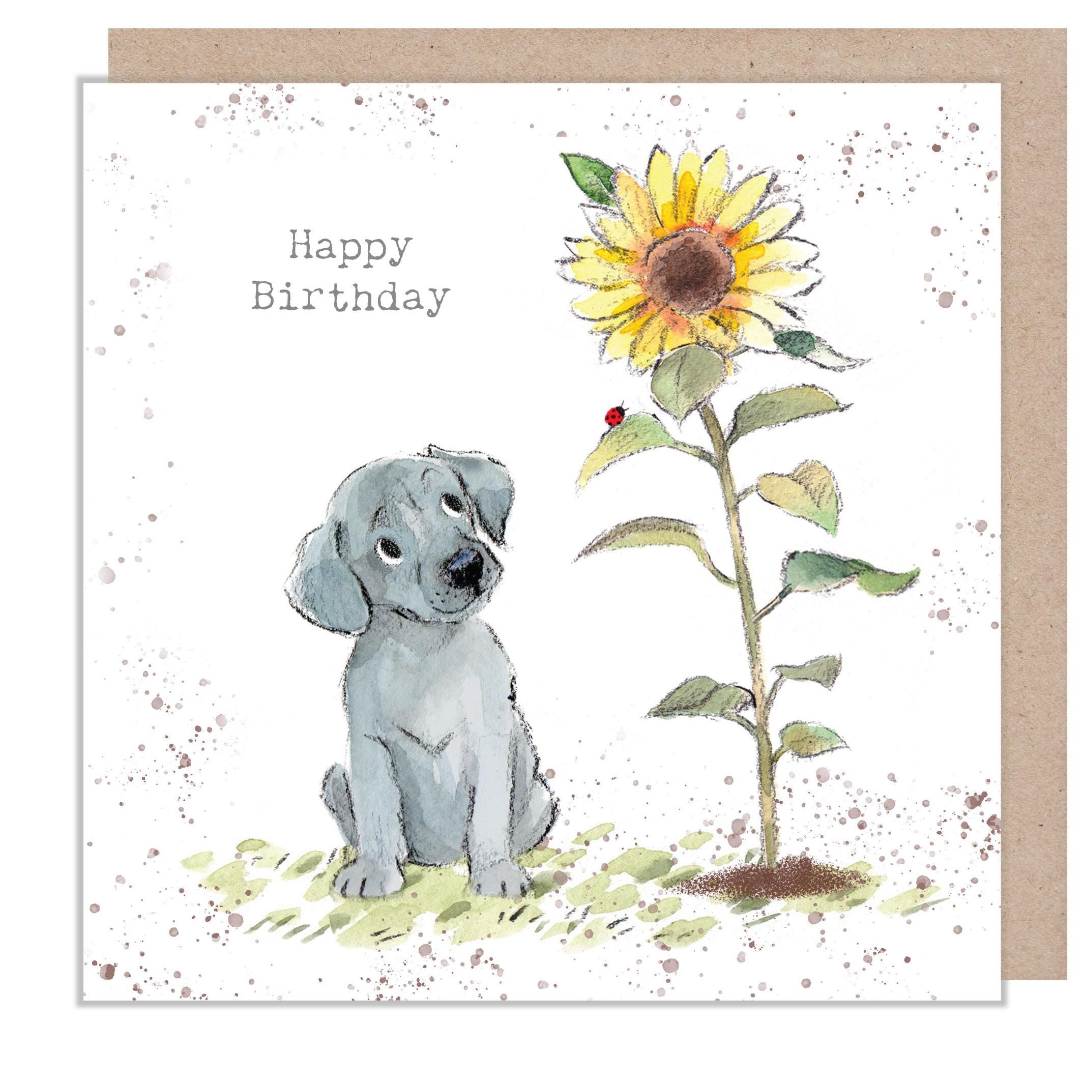 Birthday Card - Quality Card - Charming Dog illustration - 'Absolutely barking' range - Grey Puppy with Sunflower - Made in UK -  ABE114