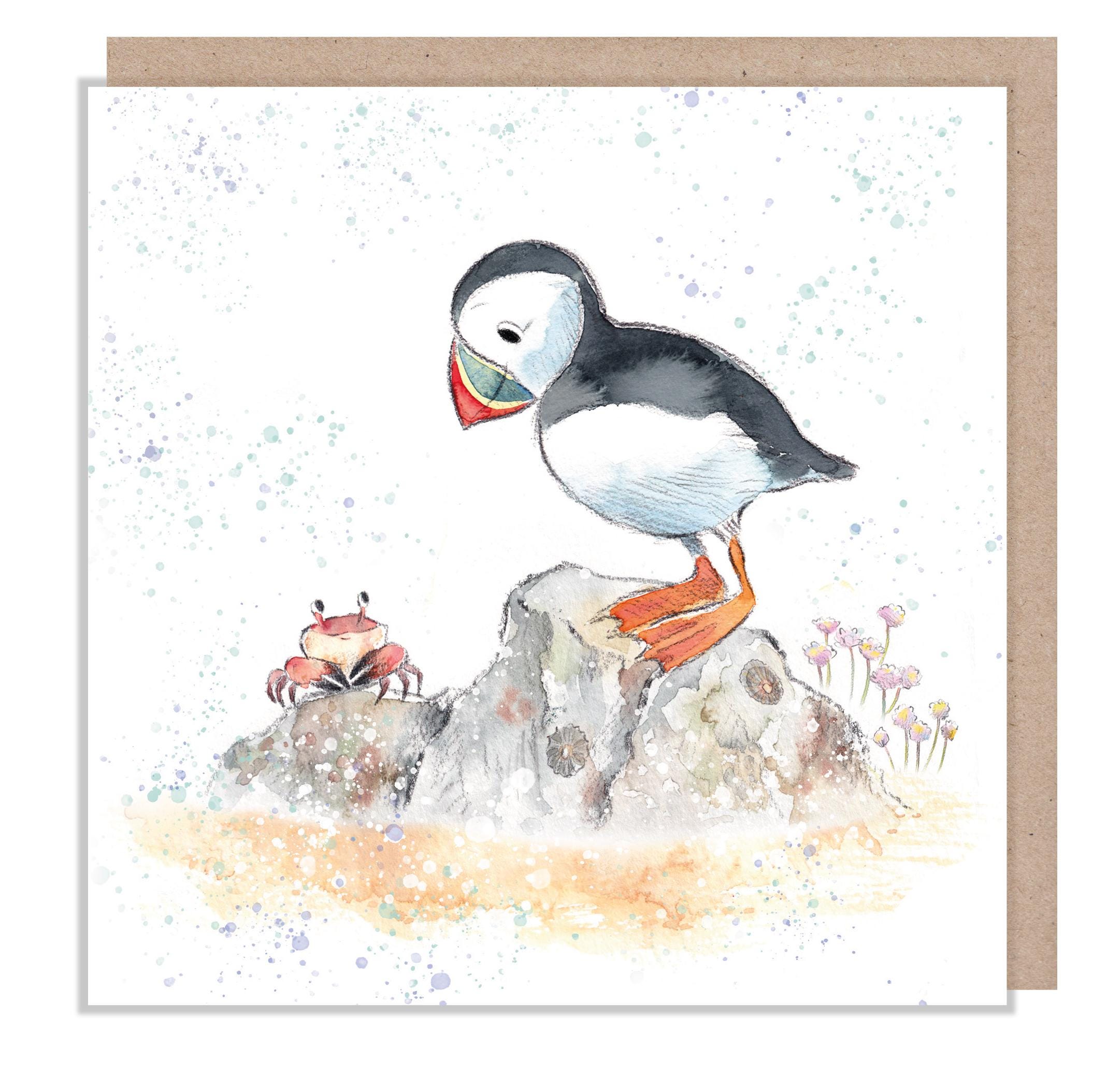 Blank Card  - Quality greeting Card - Puffin and Crab illustration - 'by the Seashore' range - made in UK  - SEA014