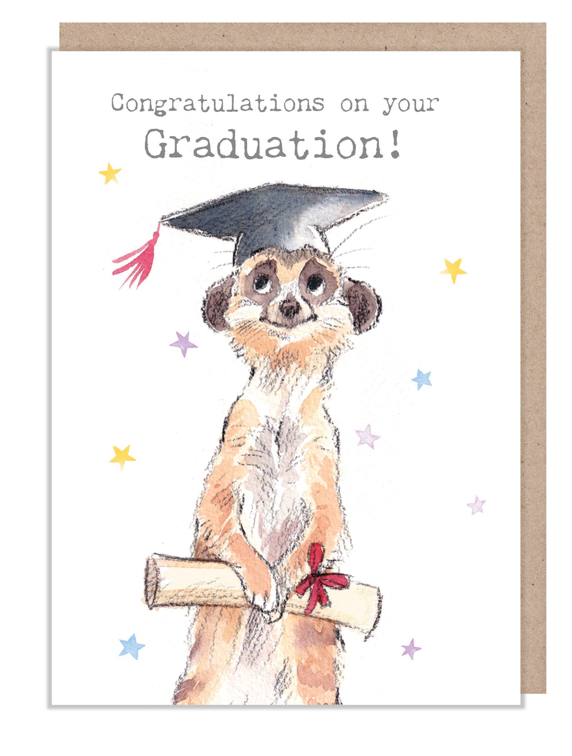 Graduation card - Charming illustration - Meercat - 'Wonderfully Wild'  range - Made in UK -  WWE034