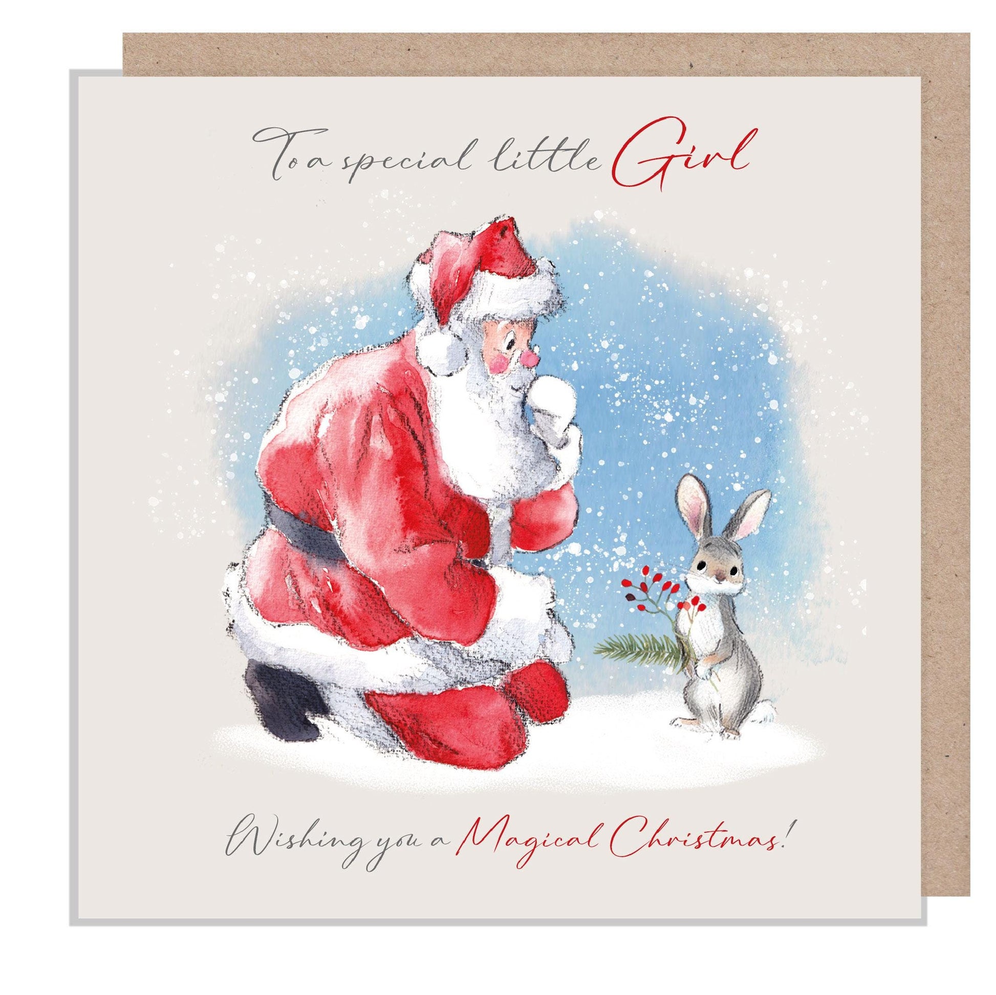 To a special little Girl - Quality Christmas Card-150 x 150mm - Santa with Rabbit illustration - 'Wintery Tails'  range - Made in UK - WT09