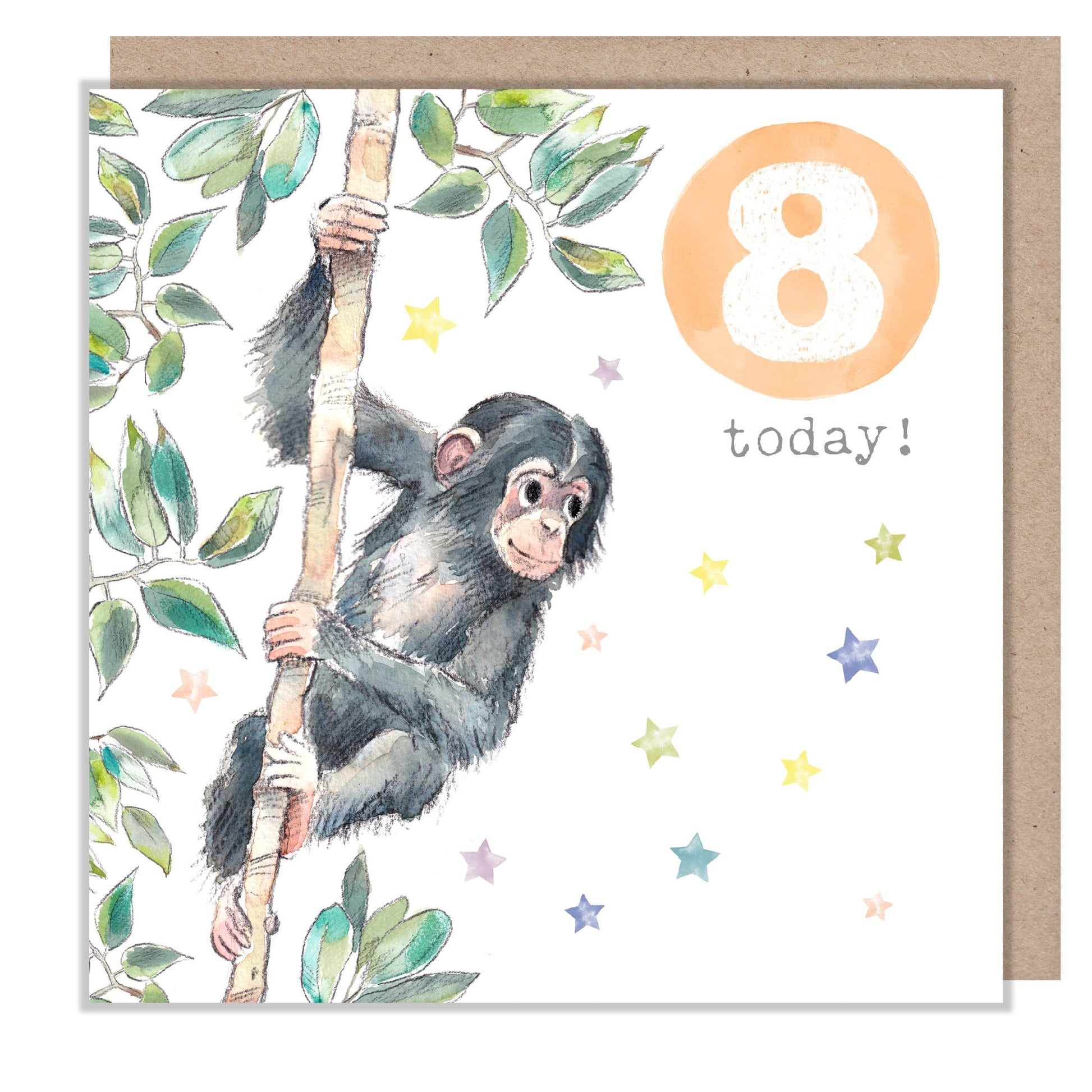 AGE 8 Birthday Card -  Charming illustration - Chimpanzee,  'Party Time'  range - Made in UK -  PTAGE08