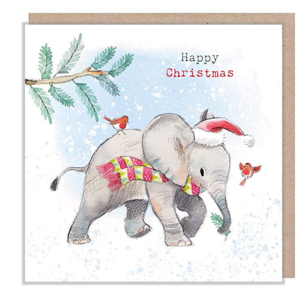 Happy Christmas - Quality Christmas Card - 150 x 150mm - Charming Elephant illustration - 'Wonderfully Wild'  range - Made in UK -  WWX01