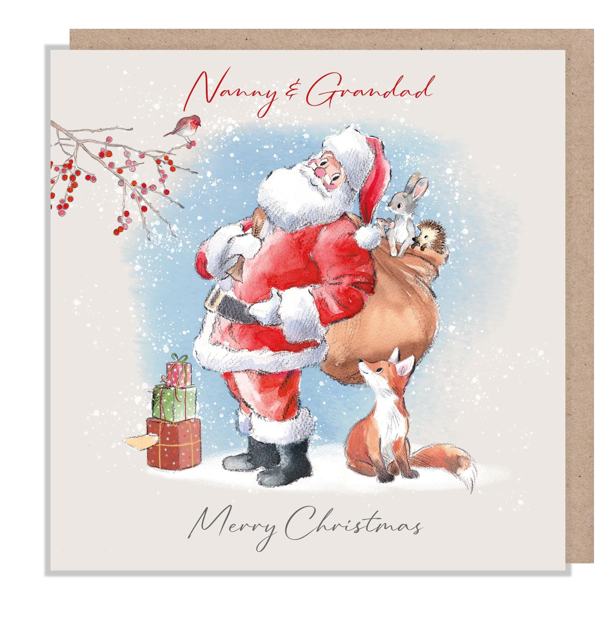 Nanny and Grandad - Quality Christmas Card -150 x 150mm - Santa carrying sack illustration - 'Wintery Tails'  range - Made in UK - WT015
