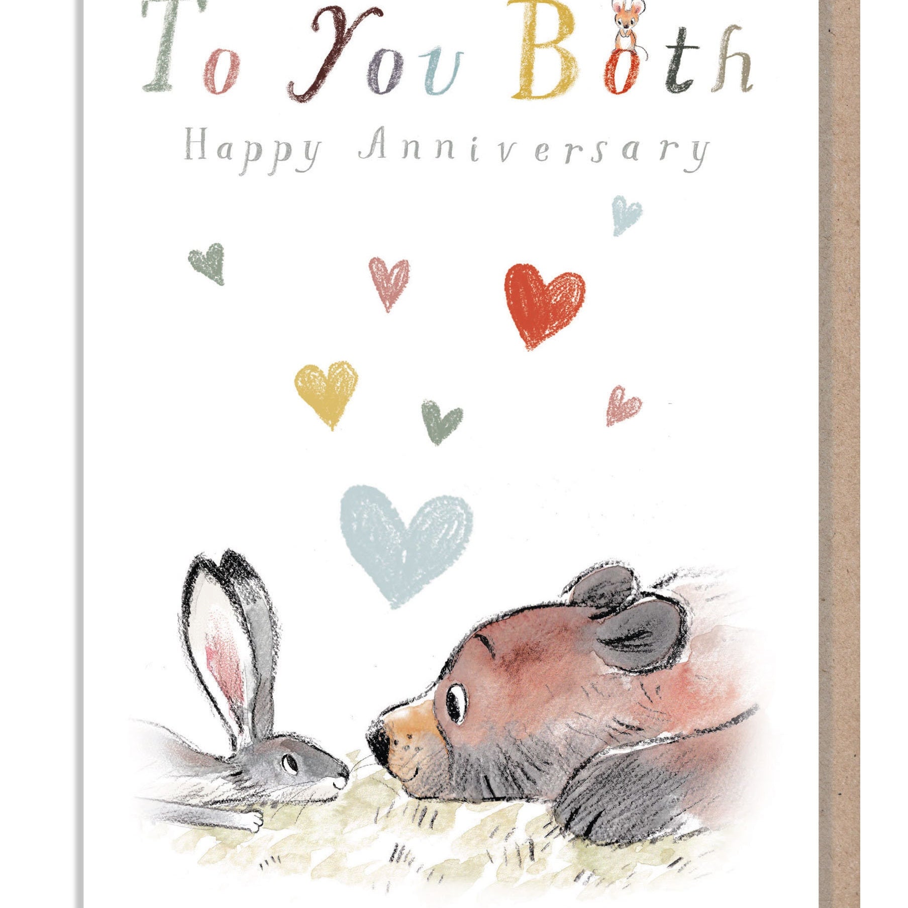 Happy Anniversary , Quality Greeting Card, to you Both 'the Bear, the Hare, and the Mouse' , heart warming Illustrations, made in UK, BHME09