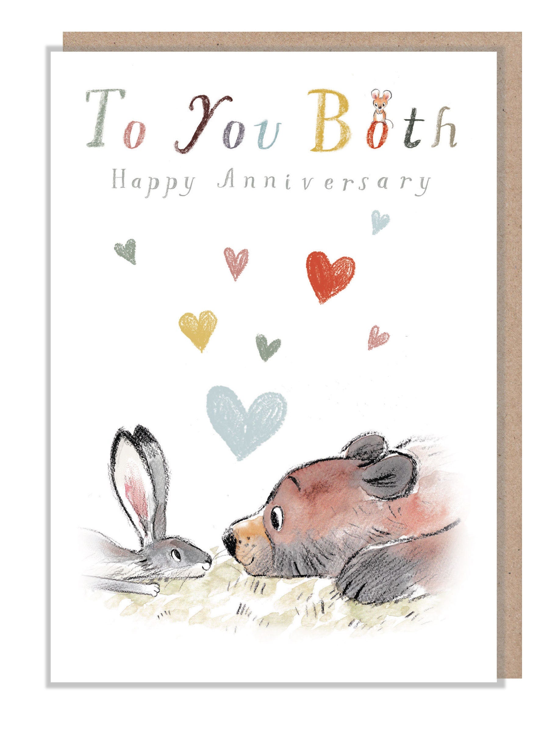 Happy Anniversary , Quality Greeting Card, to you Both 'the Bear, the Hare, and the Mouse' , heart warming Illustrations, made in UK, BHME09