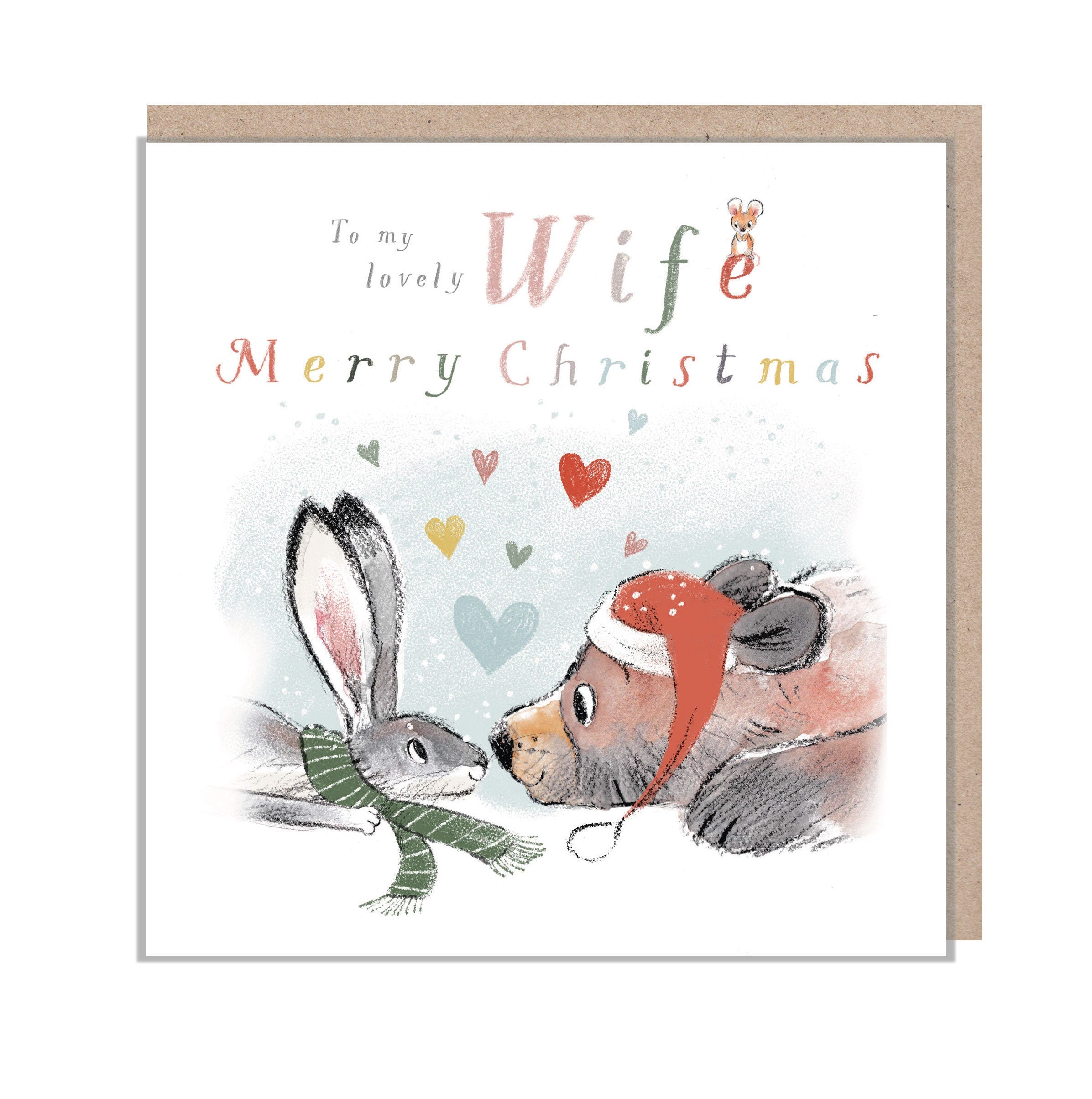 Wife Christmas Card, 'the Bear, the Hare, and the Mouse', Cute heart warming  Bear Illustration, Bear holding Holly, made in UK, BHMX09