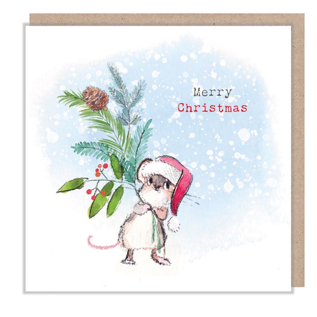 Merry Christmas - Quality Christmas Card - 150 x 150mm - Charming Mouse illustration - 'Bucklebury Wood'  range - Made in UK -  BWX013