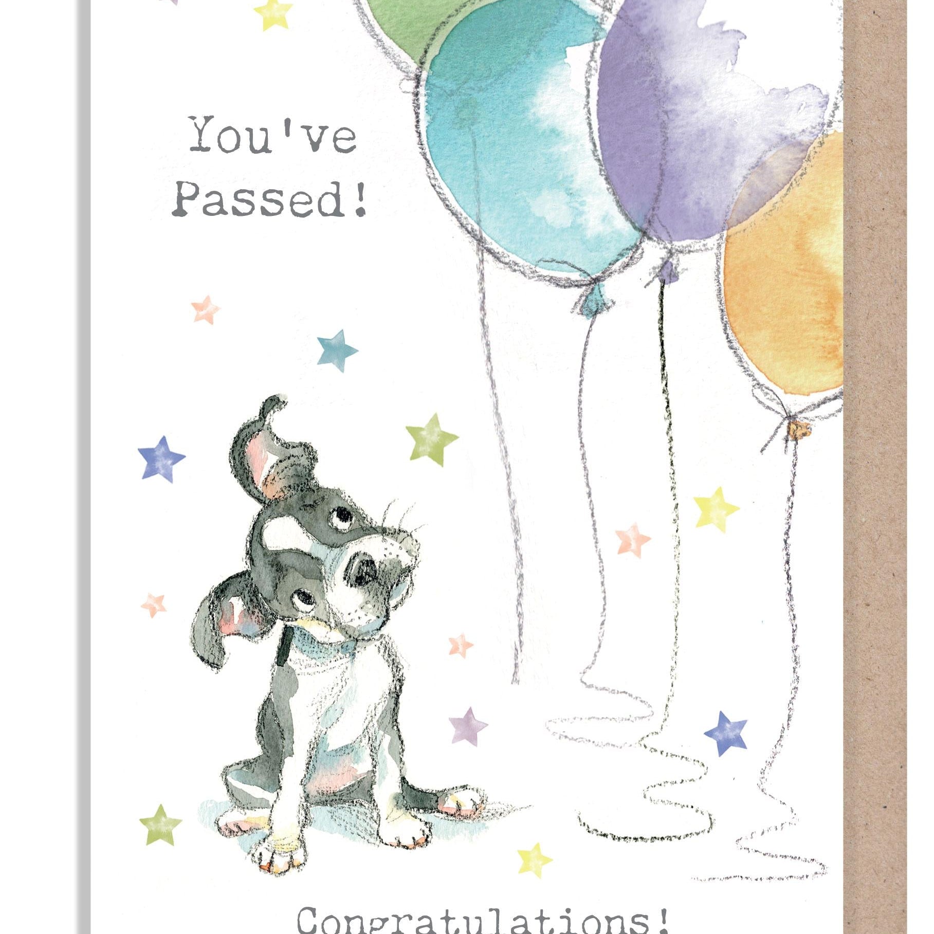 You've Passed - Congratulations Card -  Dog with balloons Illustration ABE120
