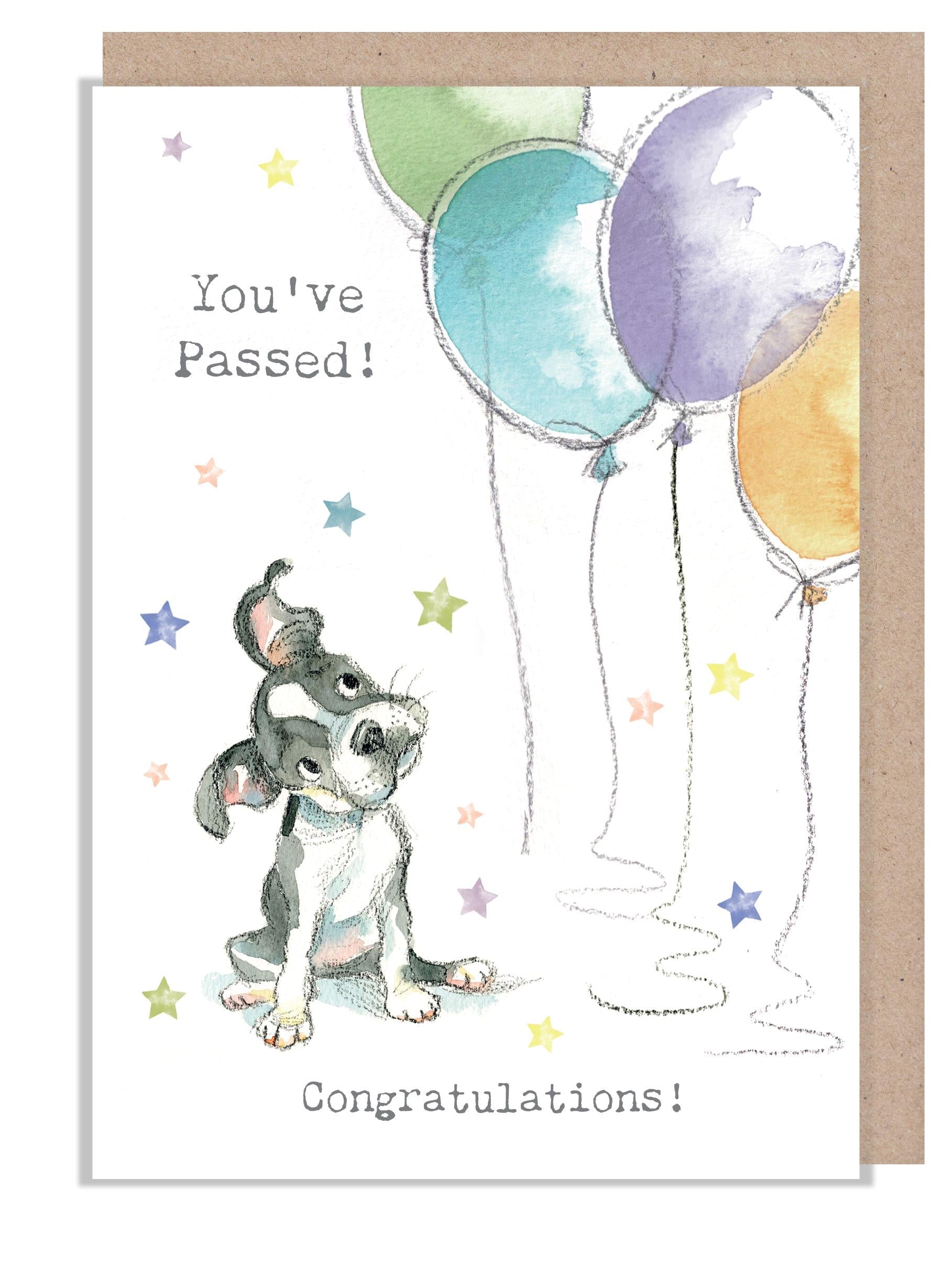 You've Passed - Congratulations Card -  Dog with balloons Illustration ABE120