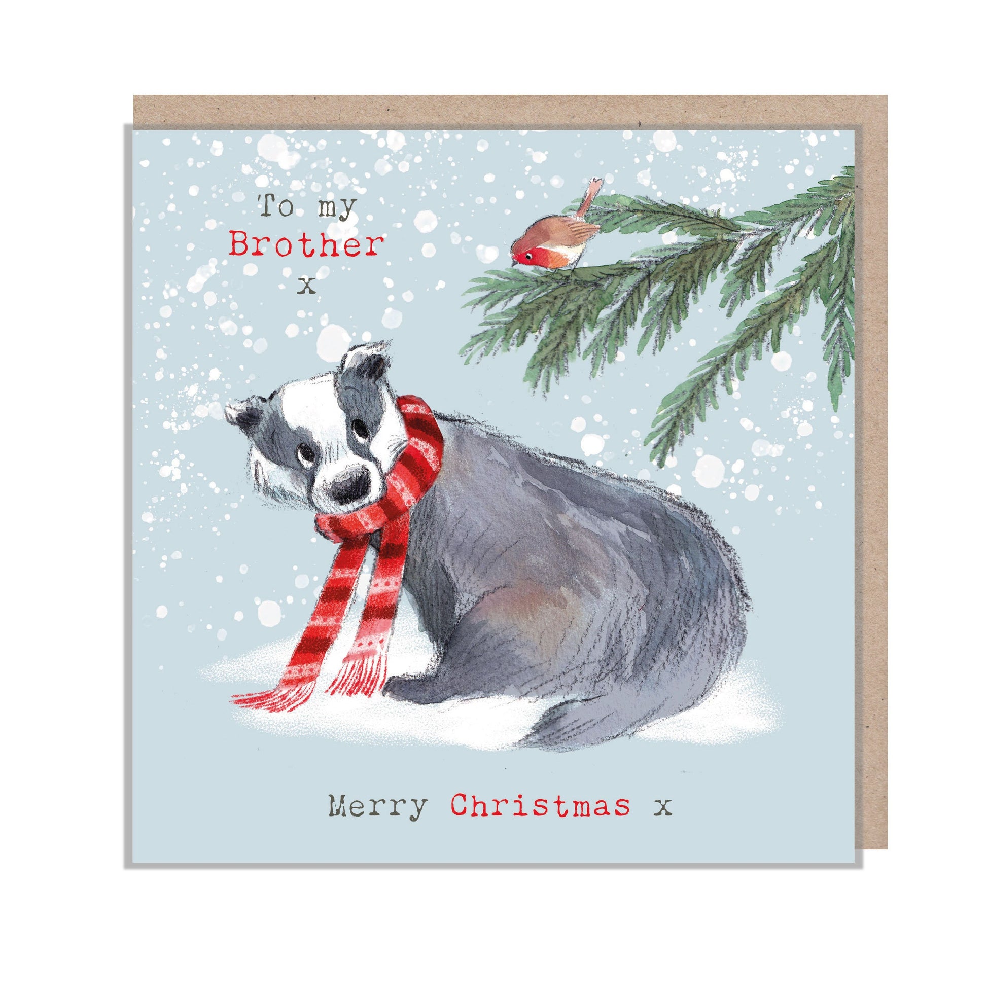 Brother Christmas Card - Badger and Robin illustration - Merry christmas - 'Bucklebury wood' range- Made in UK -  BWX08