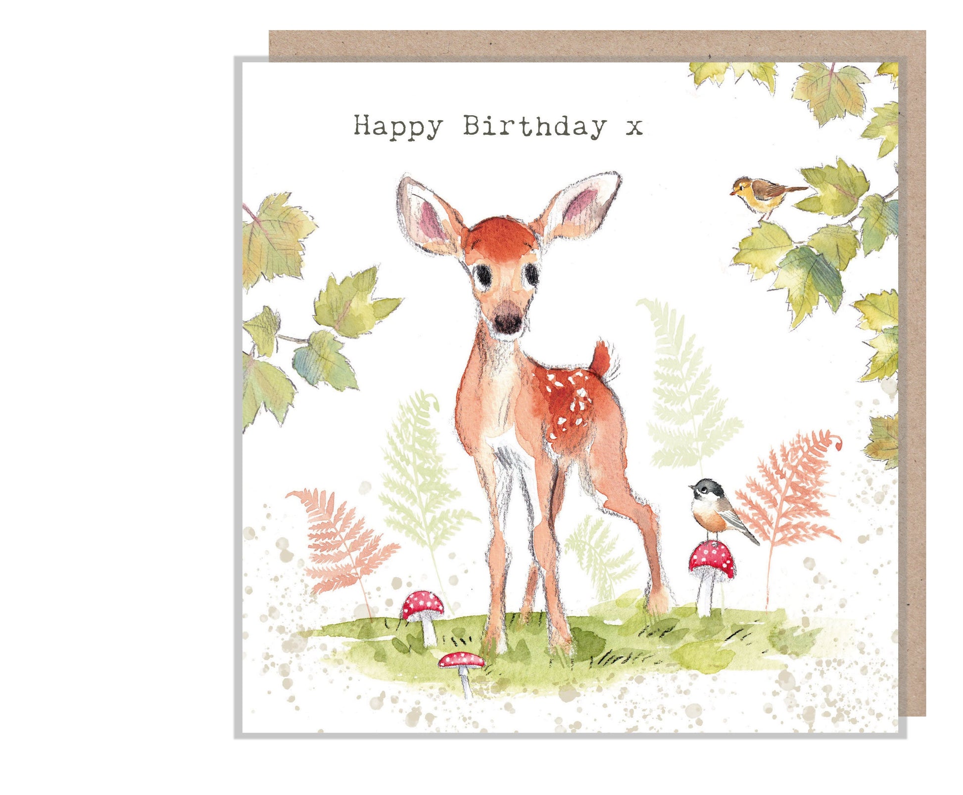 Deer Birthday Card - Quality Greeting Card - Charming illustration - Deer with Birds - 'Bucklebury Wood'  range - Made in UK -  BWE04