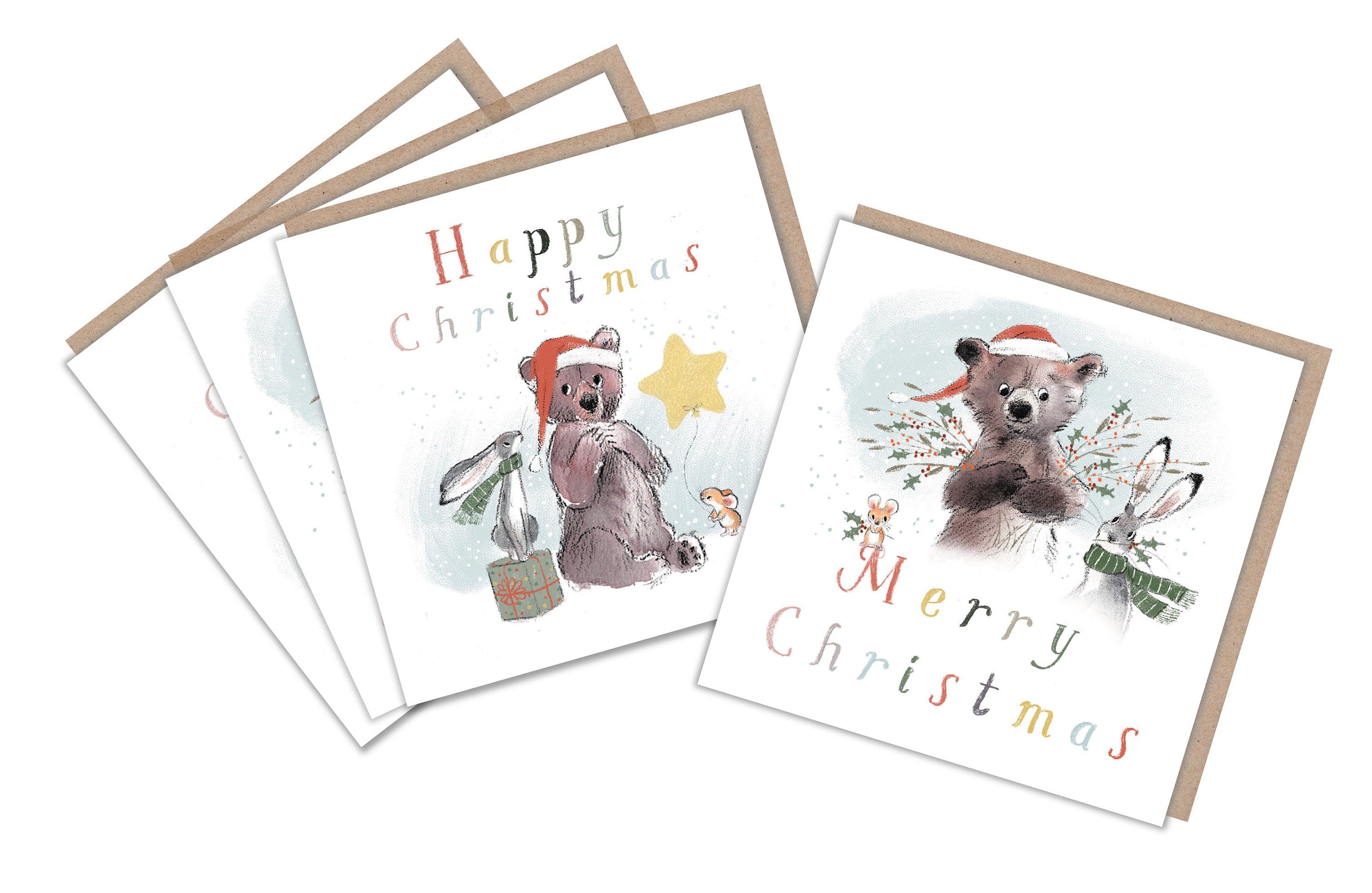Pack of 4 quality Christmas cards, 'the Bear, the Hare, and the Mouse' range, made in UK, BHMX03/05
