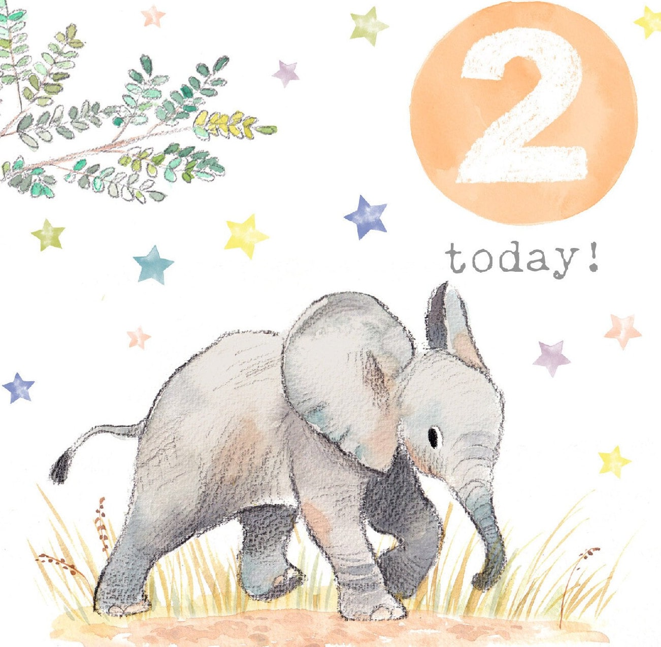 AGE 2 Birthday Card -  Charming illustration - Elephant- 'Party Time'  range - Made in UK -  PTAGE02