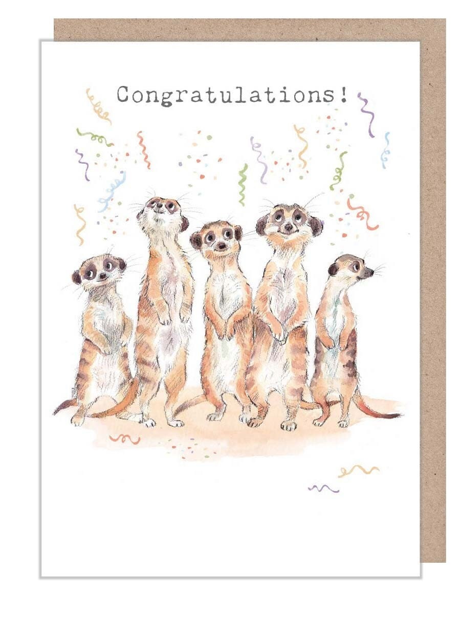 Congratulations Meercats Card - Charming illustration - Meercats with streamers25- 'Wonderfully Wild'  range - Made in UK -  WWE025