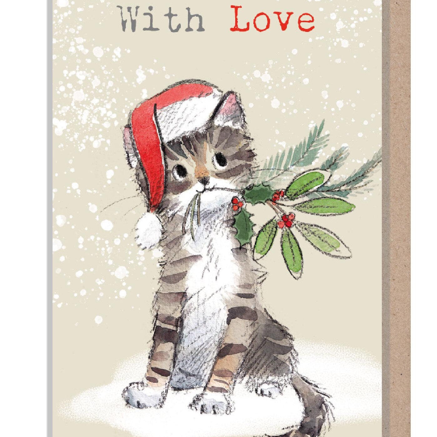 Small Christmas Gift Card - Quality Folded Gift card with envelope for a special gift - With Love  - Tabby Cat design - made in UK - GC03
