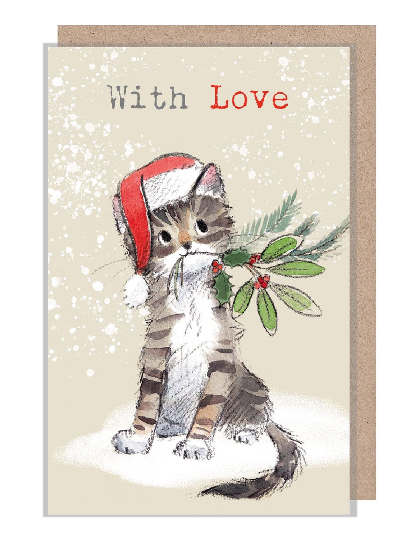 Small Christmas Gift Card - Quality Folded Gift card with envelope for a special gift - With Love  - Tabby Cat design - made in UK - GC03