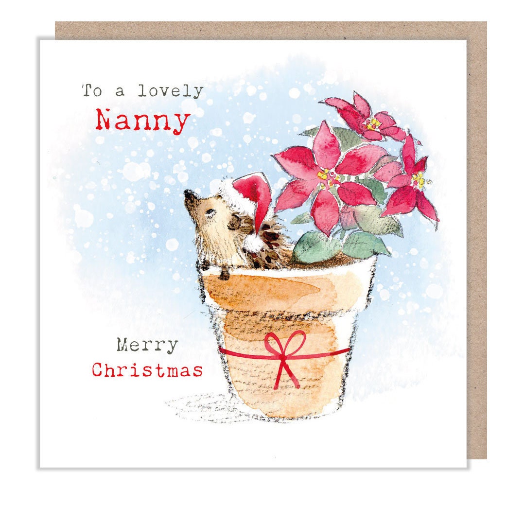 To a lovely Nanny- Quality Christmas Card - 150 x 150mm - Charming Hedgehog illustration- 'Bucklebury Wood'  range - Made in UK -  BWX022