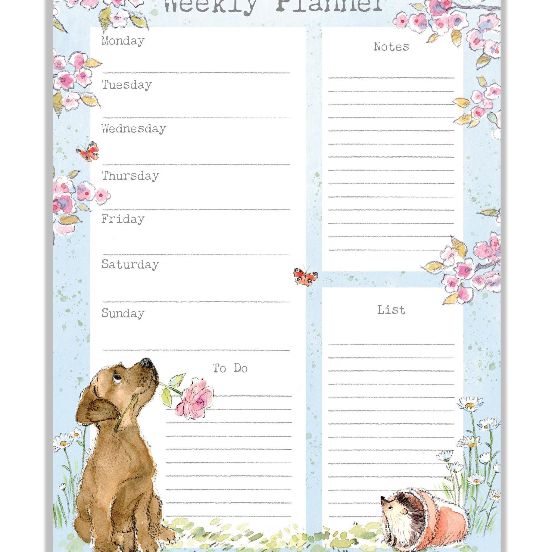 Weekly Planner - A4 size -  charming brown puppy Illustration - made in the UK - WPLAN03