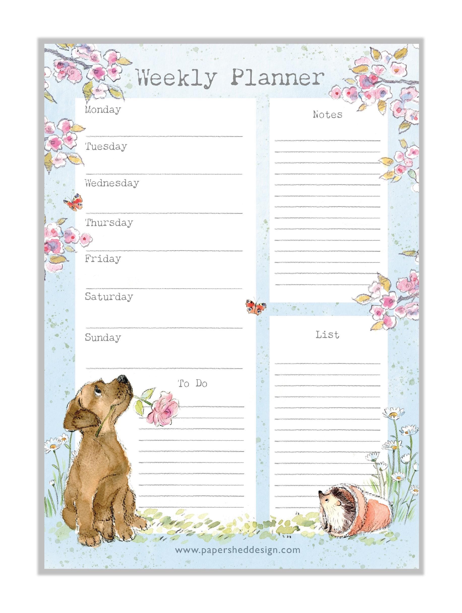 Weekly Planner - A4 size -  charming brown puppy Illustration - made in the UK - WPLAN03