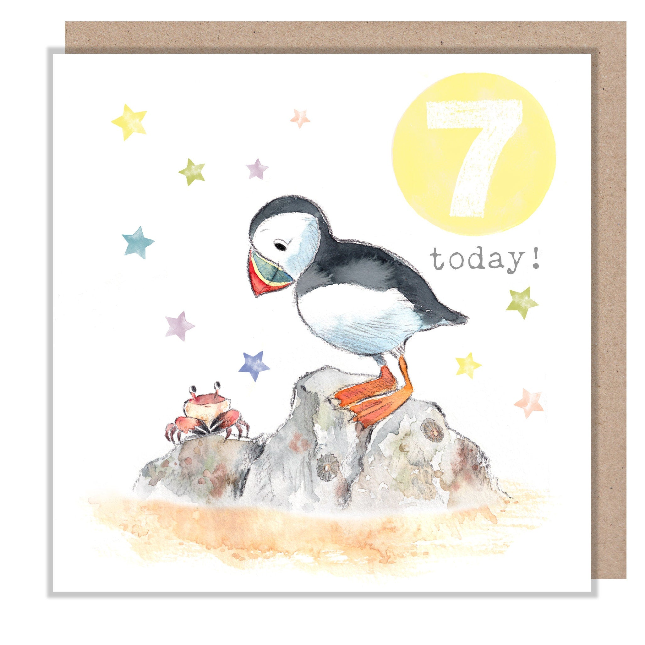 AGE 7 Birthday Card -  Charming illustration - Puffin,  'Party Time'  range - Made in UK -  PTAGE07