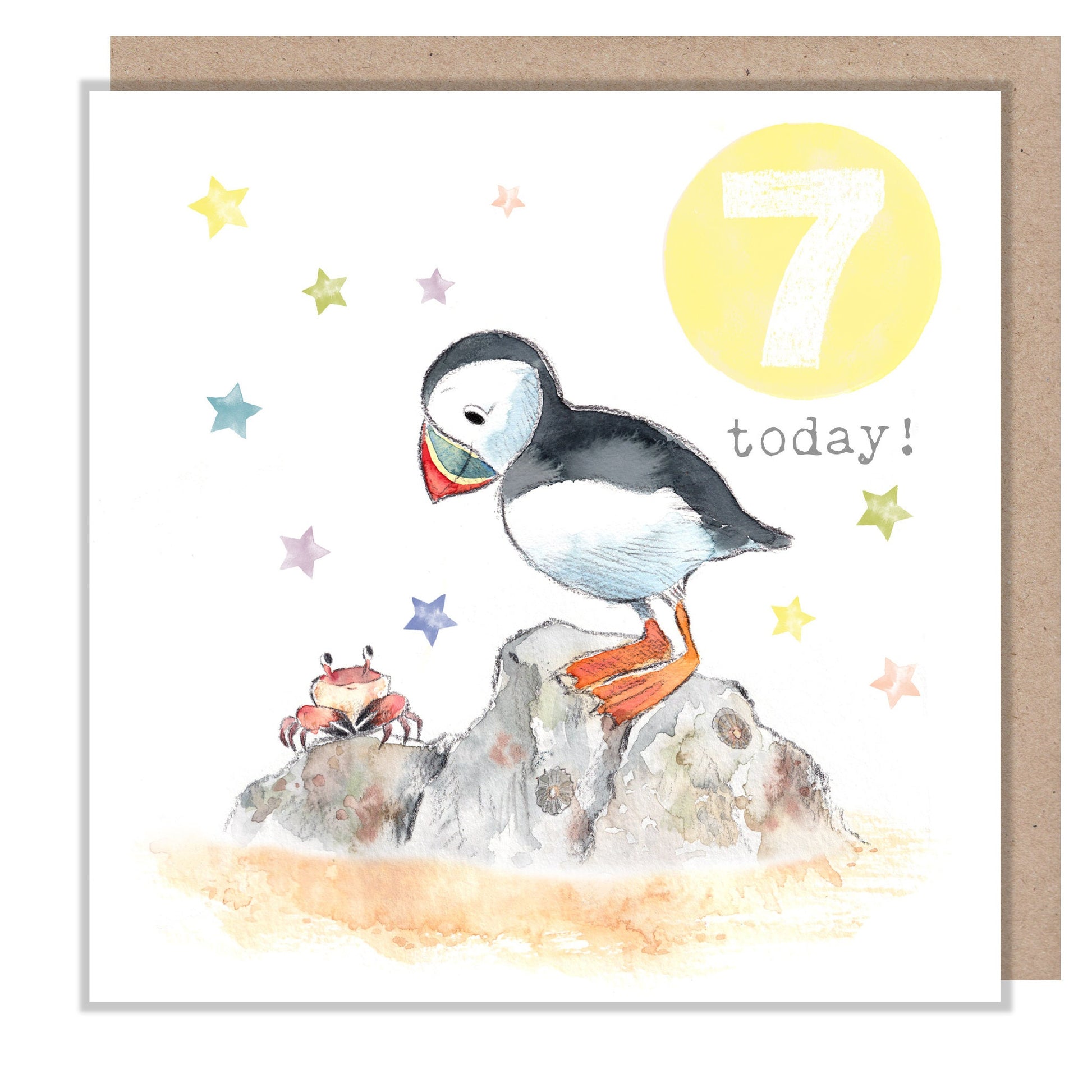 AGE 7 Birthday Card -  Charming illustration - Puffin,  'Party Time'  range - Made in UK -  PTAGE07